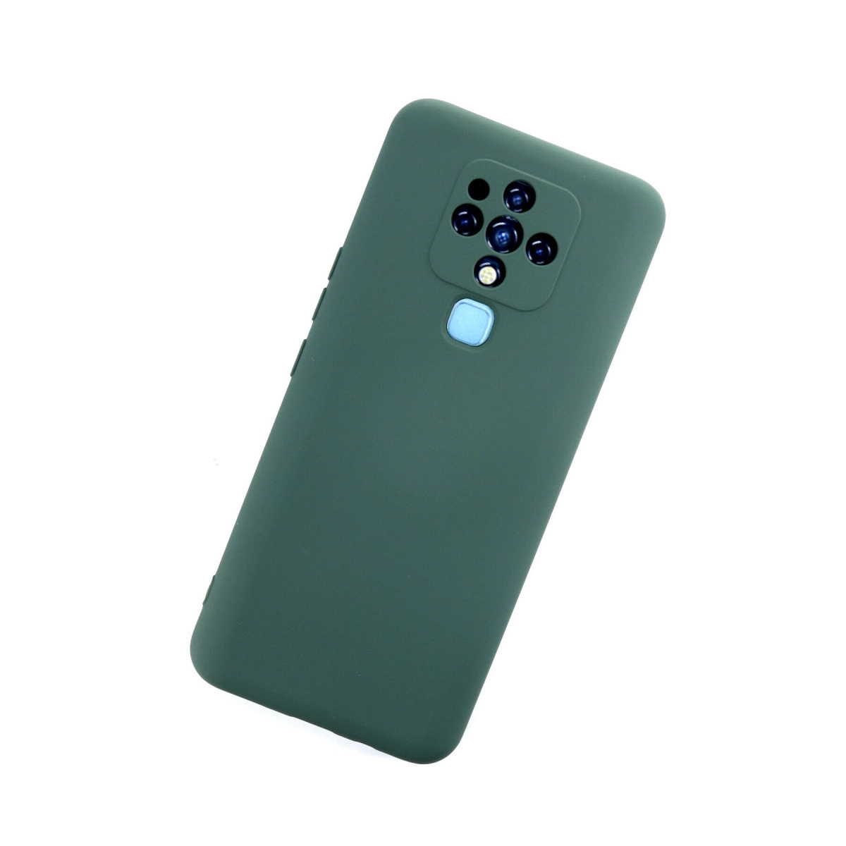 Dört kameralı ve flaşlı koyu yeşil telefon kılıfı.