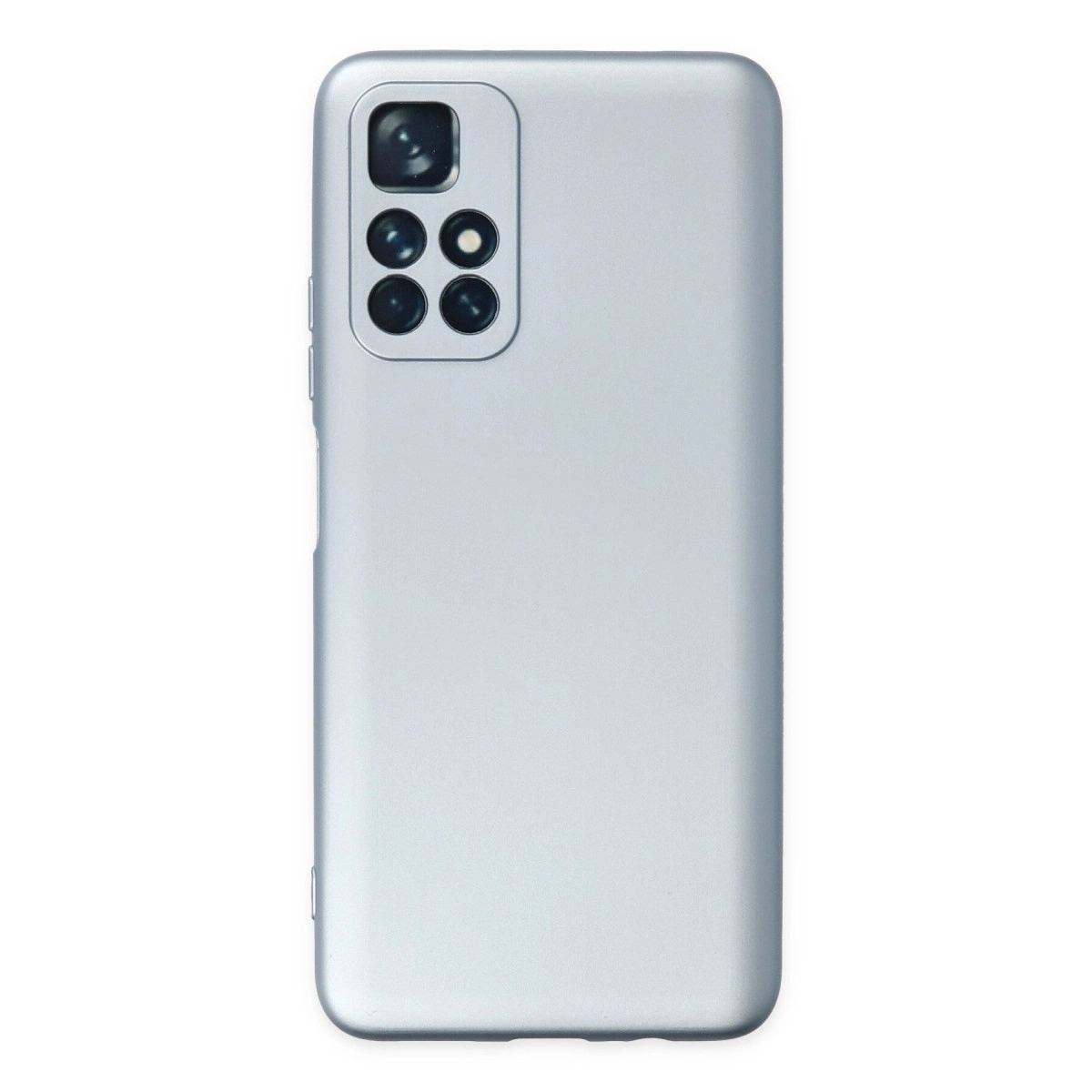 Arkada dört kamerası olan gümüş renkli akıllı telefon kılıfı.