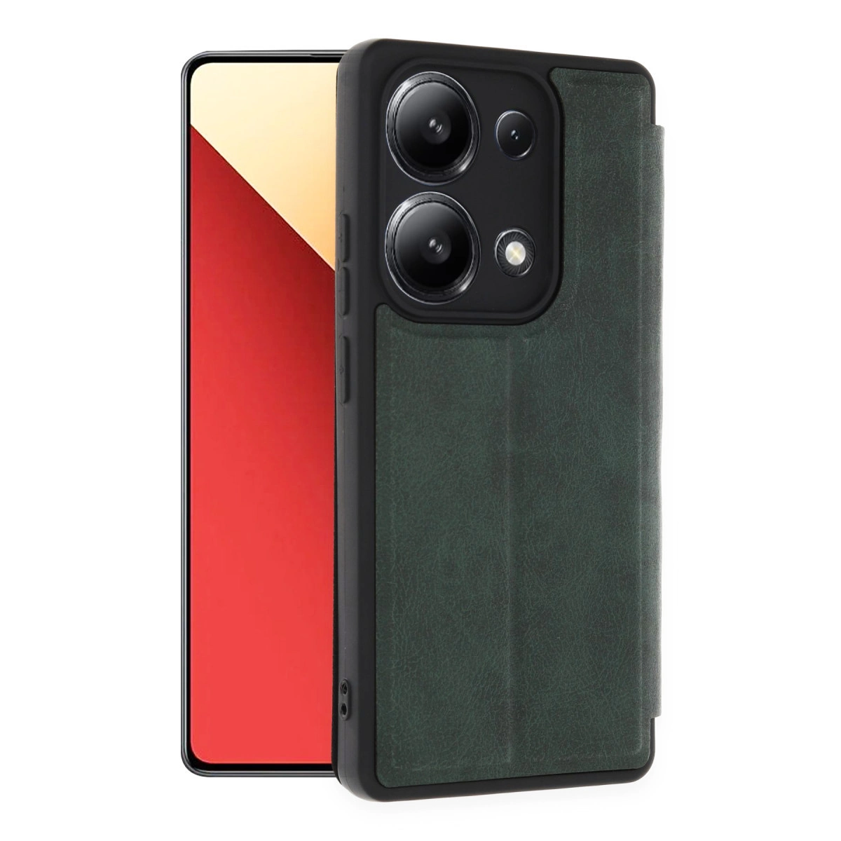 Kamera oyuntulu koyu yeşil telefon kılıfı yanında bir telefon.