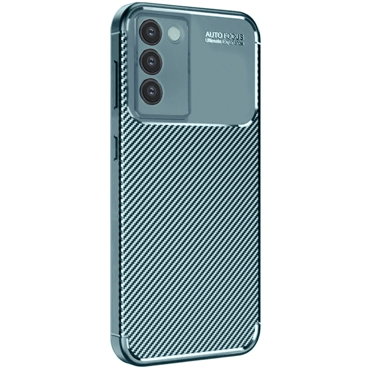 Karbon desenli ve üçlü kameralı koyu gri telefon kılıfı.