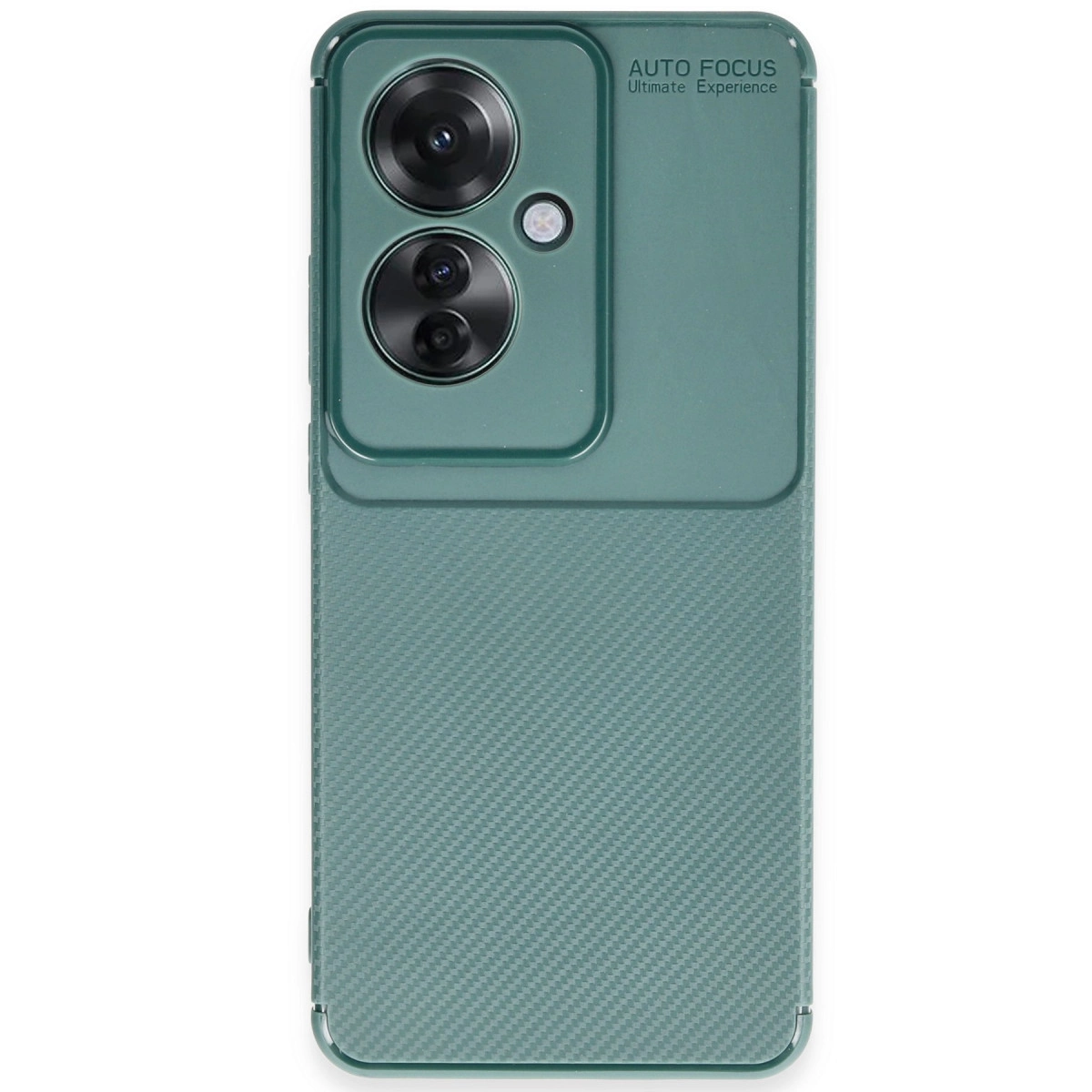 İki kameralı, karbon desenli yeşil telefon kılıfı.