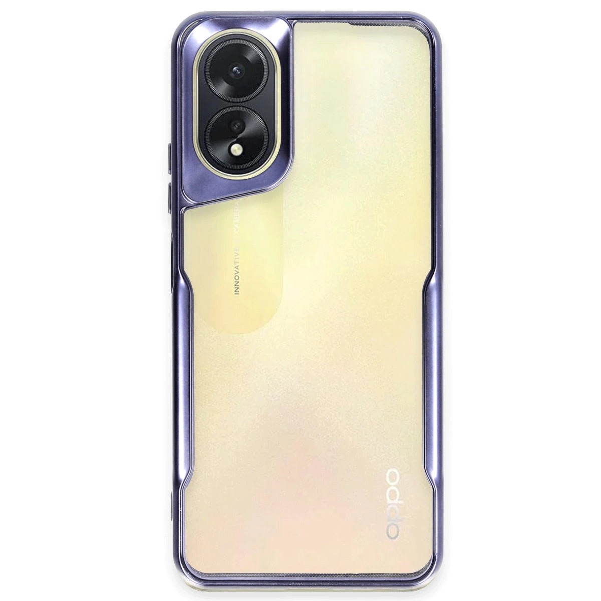Arkada çift kamera ve OPPO logosu bulunan mor telefon kılıfı.