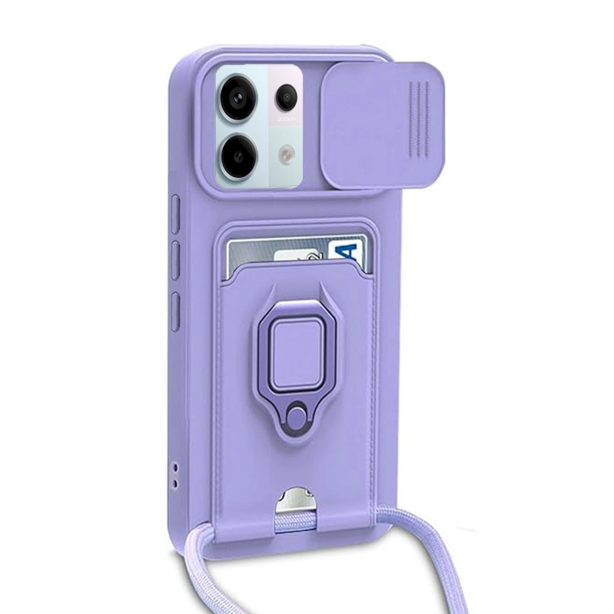 Kamera kapaklı, kartlıklı ve halkalı mor telefon kılıfı.
