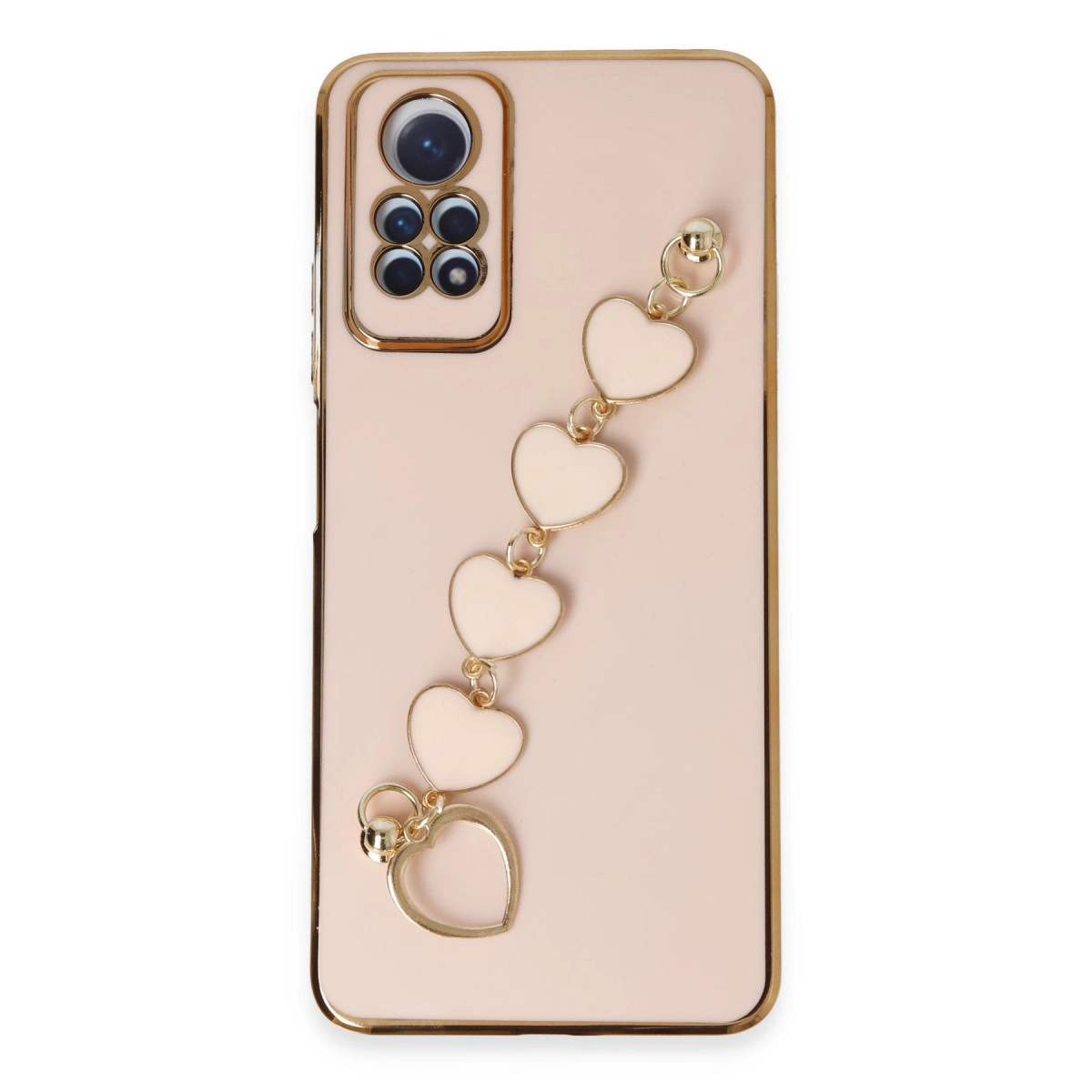 Kamera modülü ve kalp charm zinciri olan pembe telefon kılıfı.