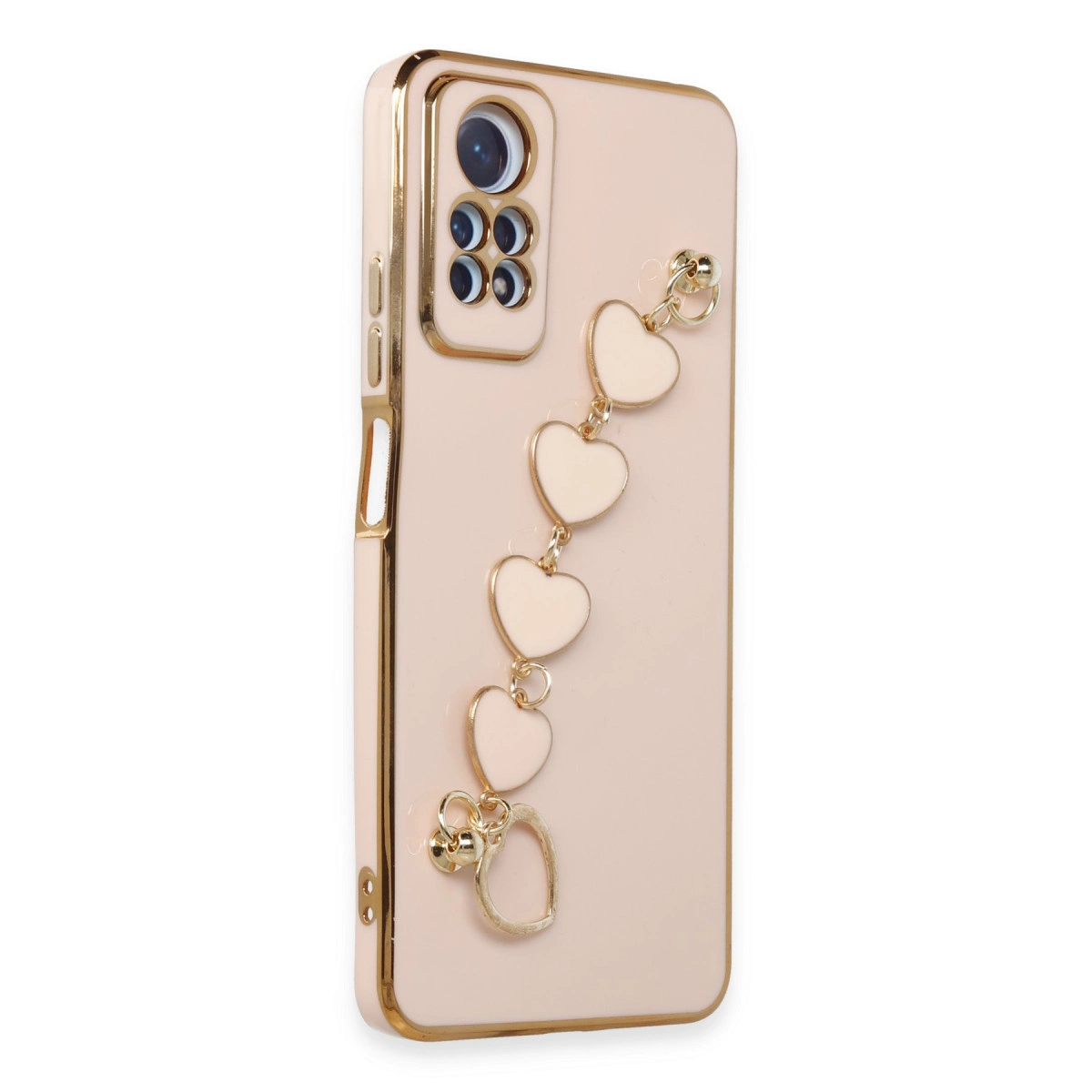 Altın kenarlı açık pembe telefon kılıfı ve kalp charm bileklikli.