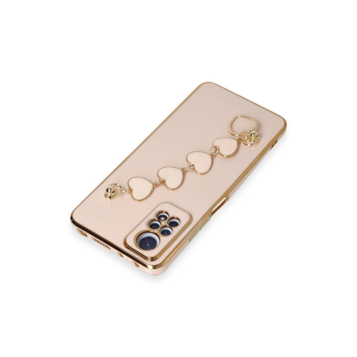 Altın kenarlıklı, kalp charm bileklikli açık pembe telefon kılıfı.