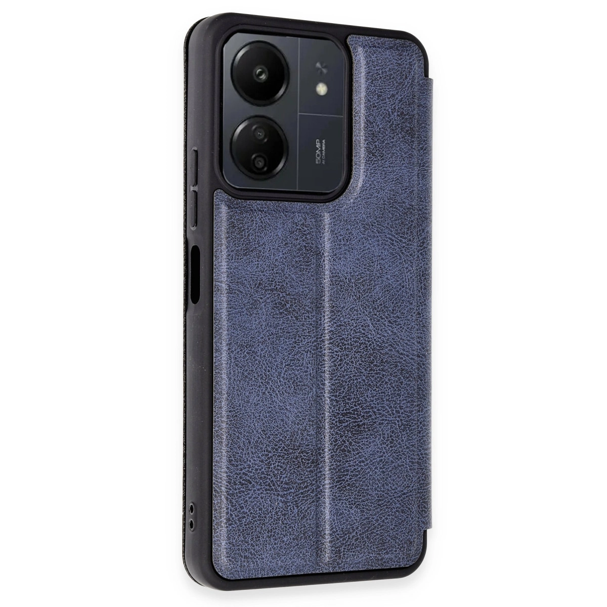 Dokulu deri kılıflı, görünür kamera lensli lacivert telefon.