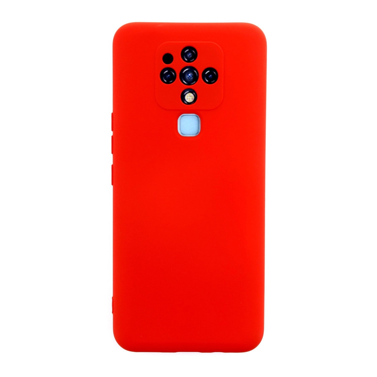 Kare kamera modülü ve parmak izi sensörlü kırmızı telefon kılıfı.