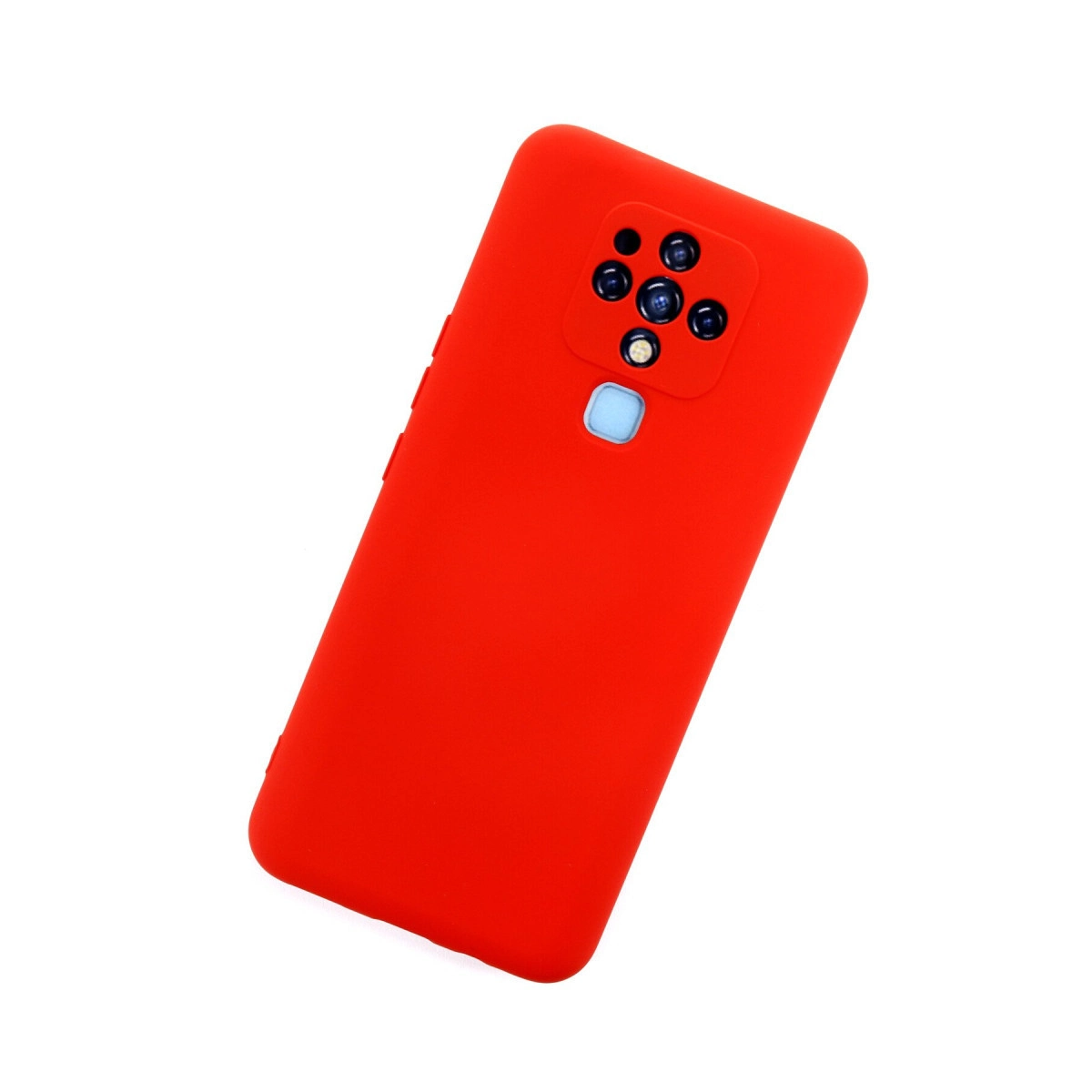 Beyaz arka plan üzerinde kamera modülü bulunan kırmızı telefon kılıfı.