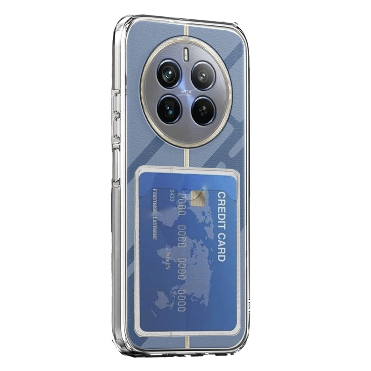 Mavi kart tutuculu ve dört kamera lensli şeffaf telefon kılıfı.