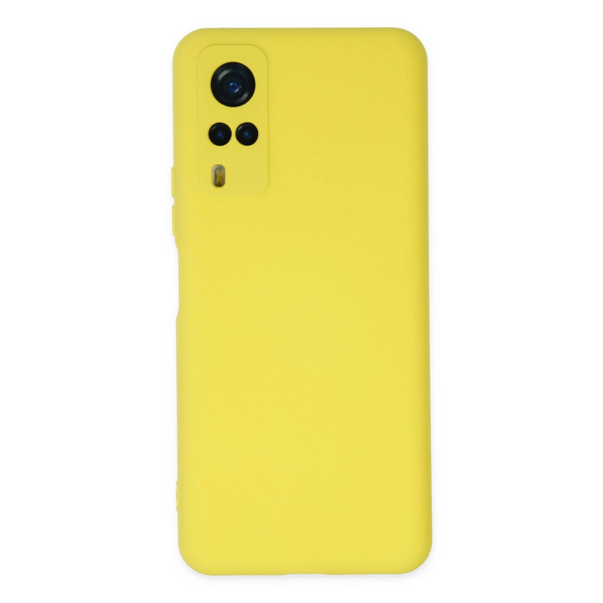 Üç lensli kamera modülüne sahip sarı telefon kılıfı.