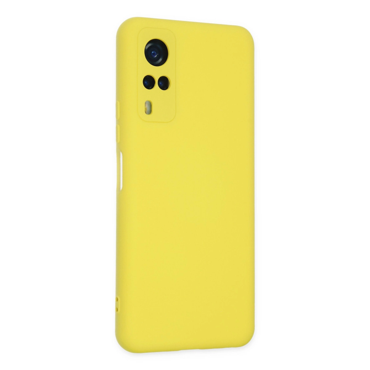 Üç lensli kamera modülüne sahip sarı telefon kılıfı.