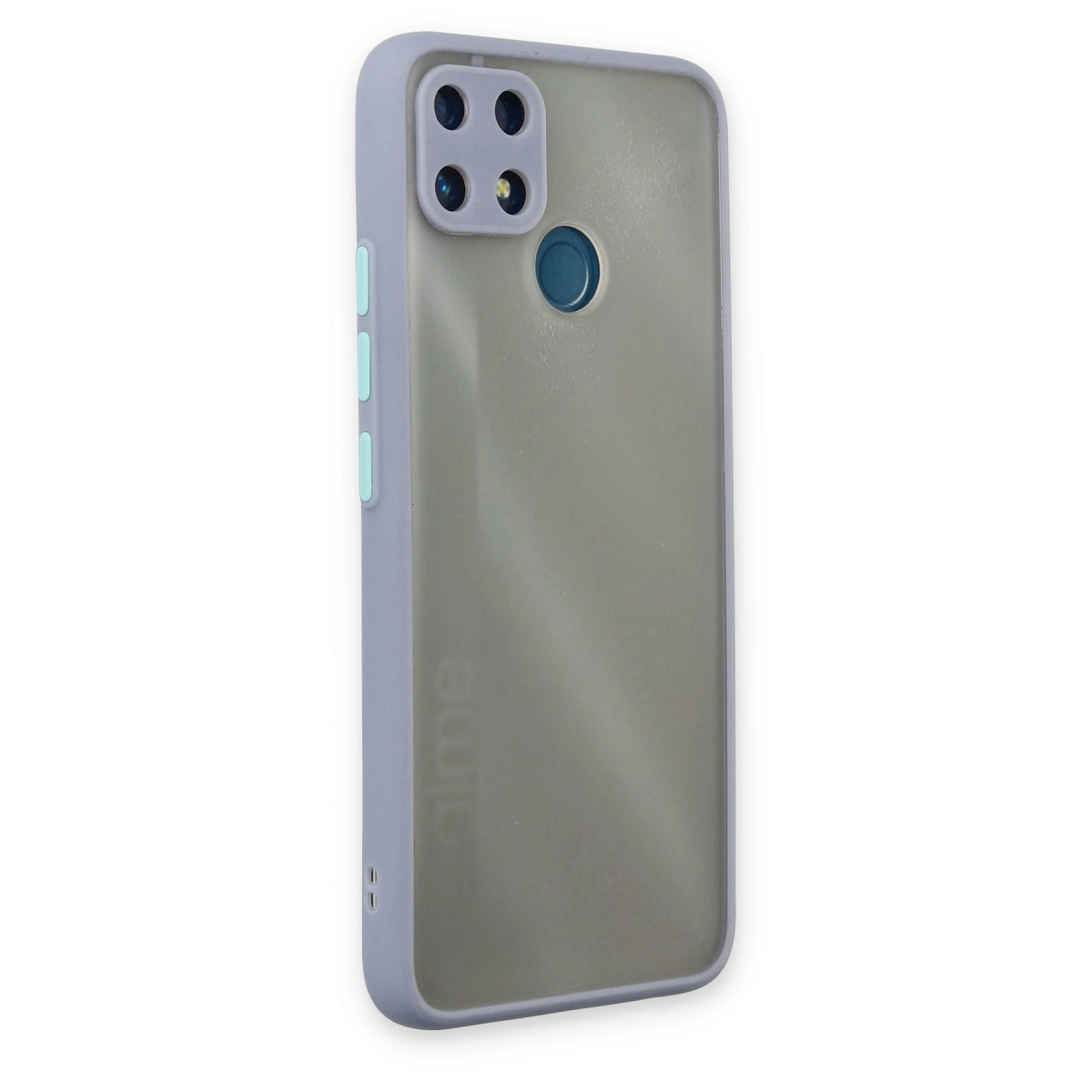 Kare kamera kesimli ve mavi parmak izi sensörlü mor telefon kılıfı.