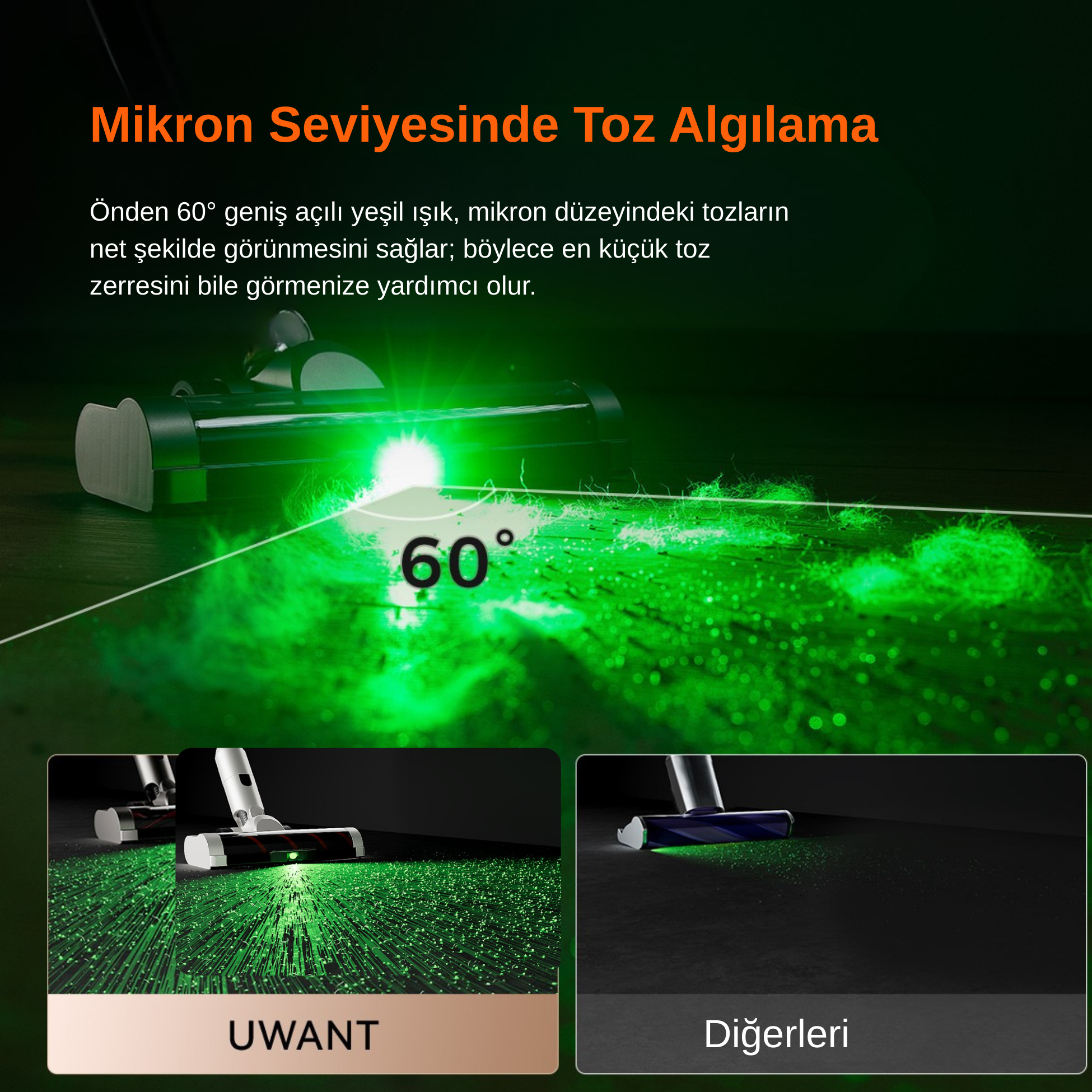 Tozu görünür kılan 60° yeşil ışıklı bir elektrikli süpürge.