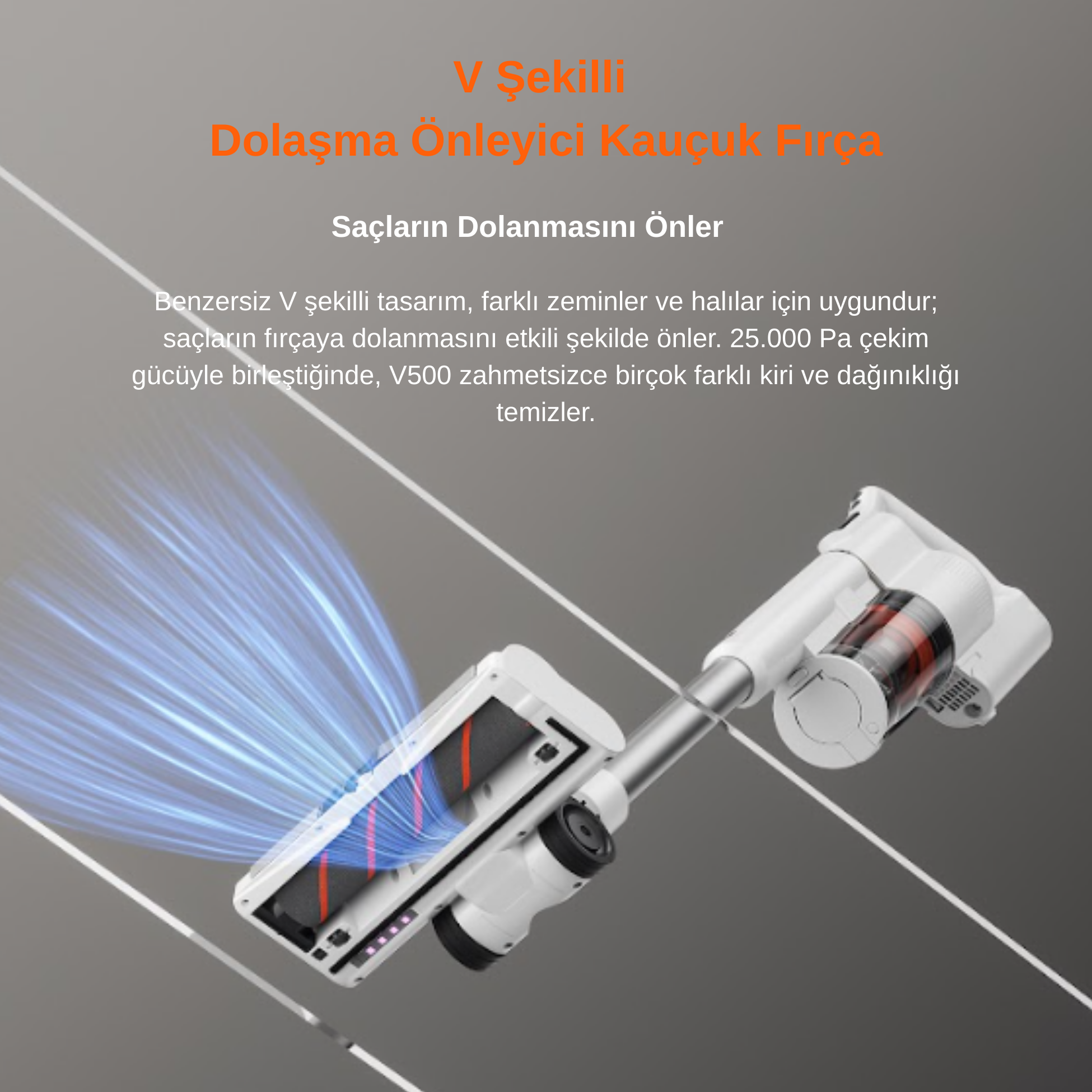V şekilli fırçalı beyaz elektrikli süpürge ve mavi emiş ışınları.
