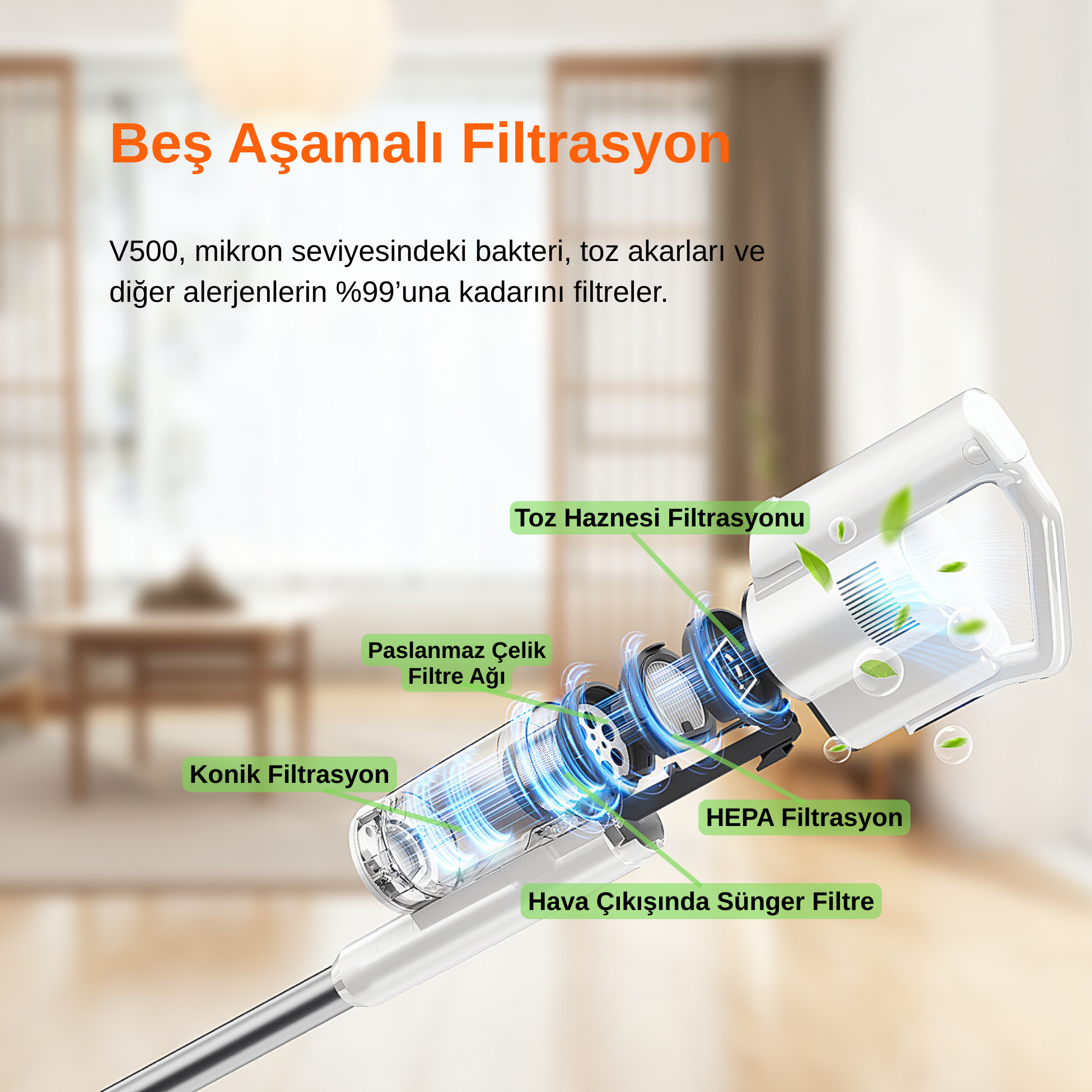 Vakum filtresi şeması 5 filtreleme aşamasını gösterir.