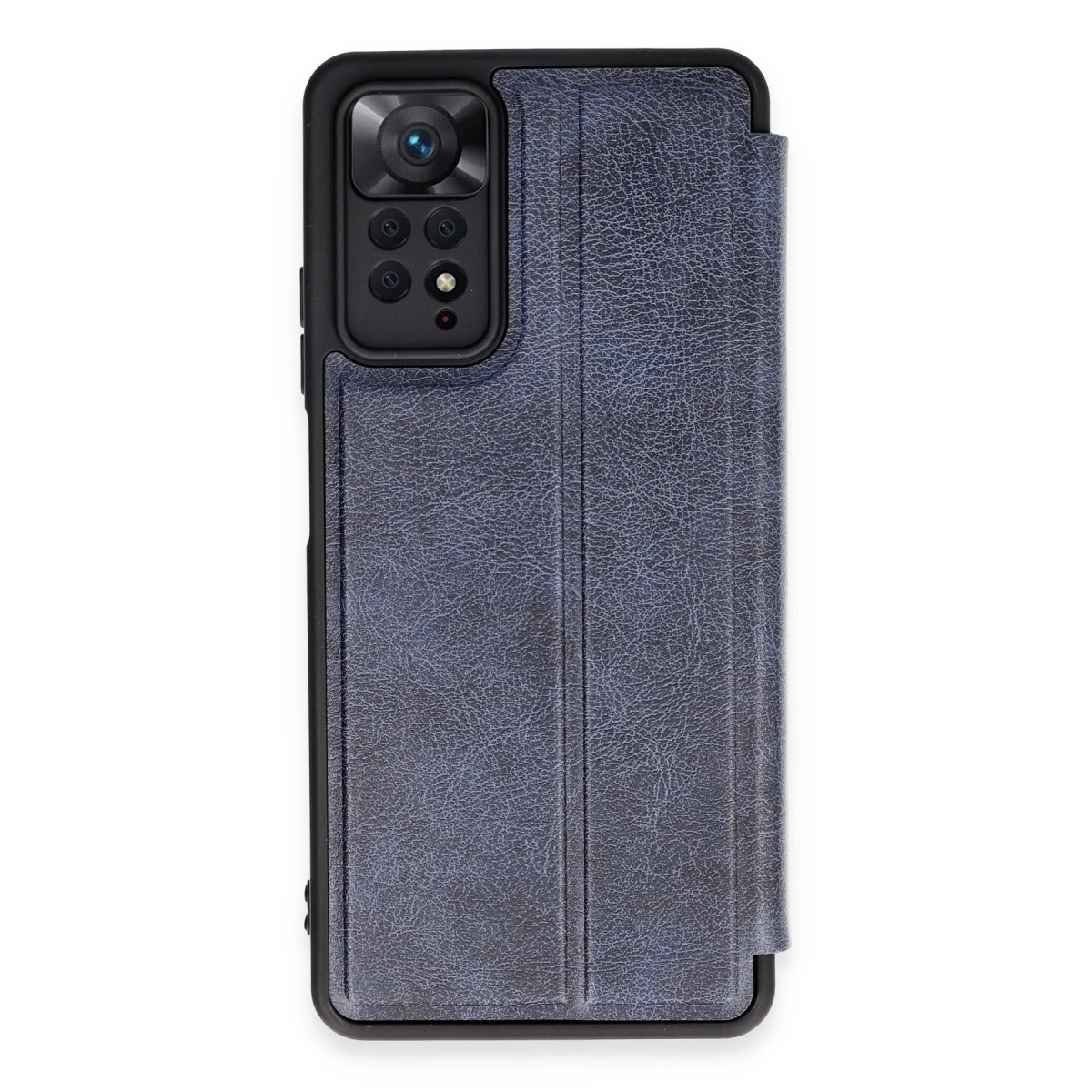 Koyu gri, kapaklı ve görünür kamera modülüne sahip telefon kılıfı.