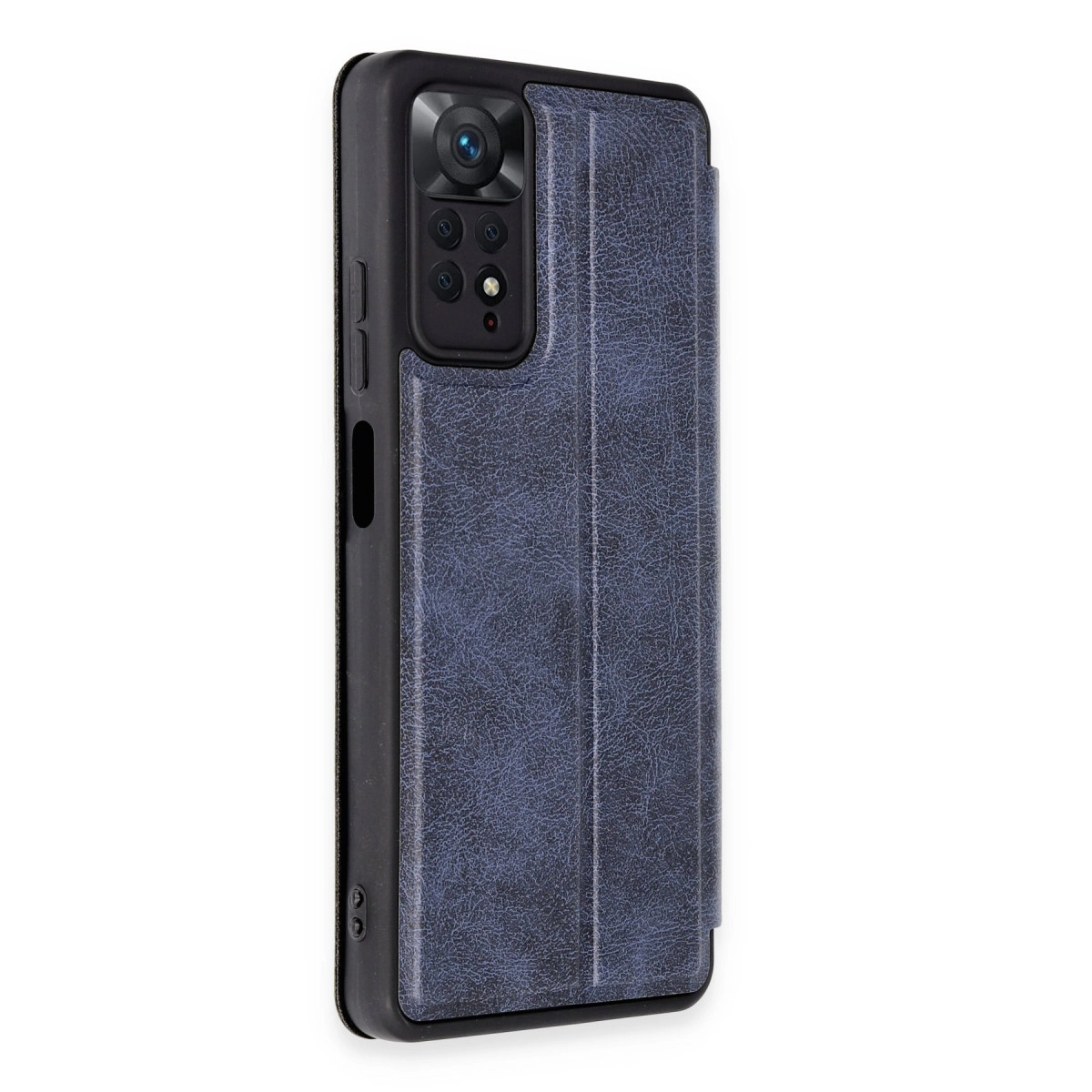 Doku yüzeyli ve kamera modüllü koyu mavi telefon kılıfı.