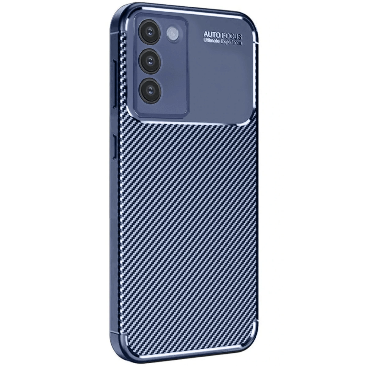 Koyu mavi, karbon fiber dokulu ve üçlü kamera yuvalı telefon kılıfı.