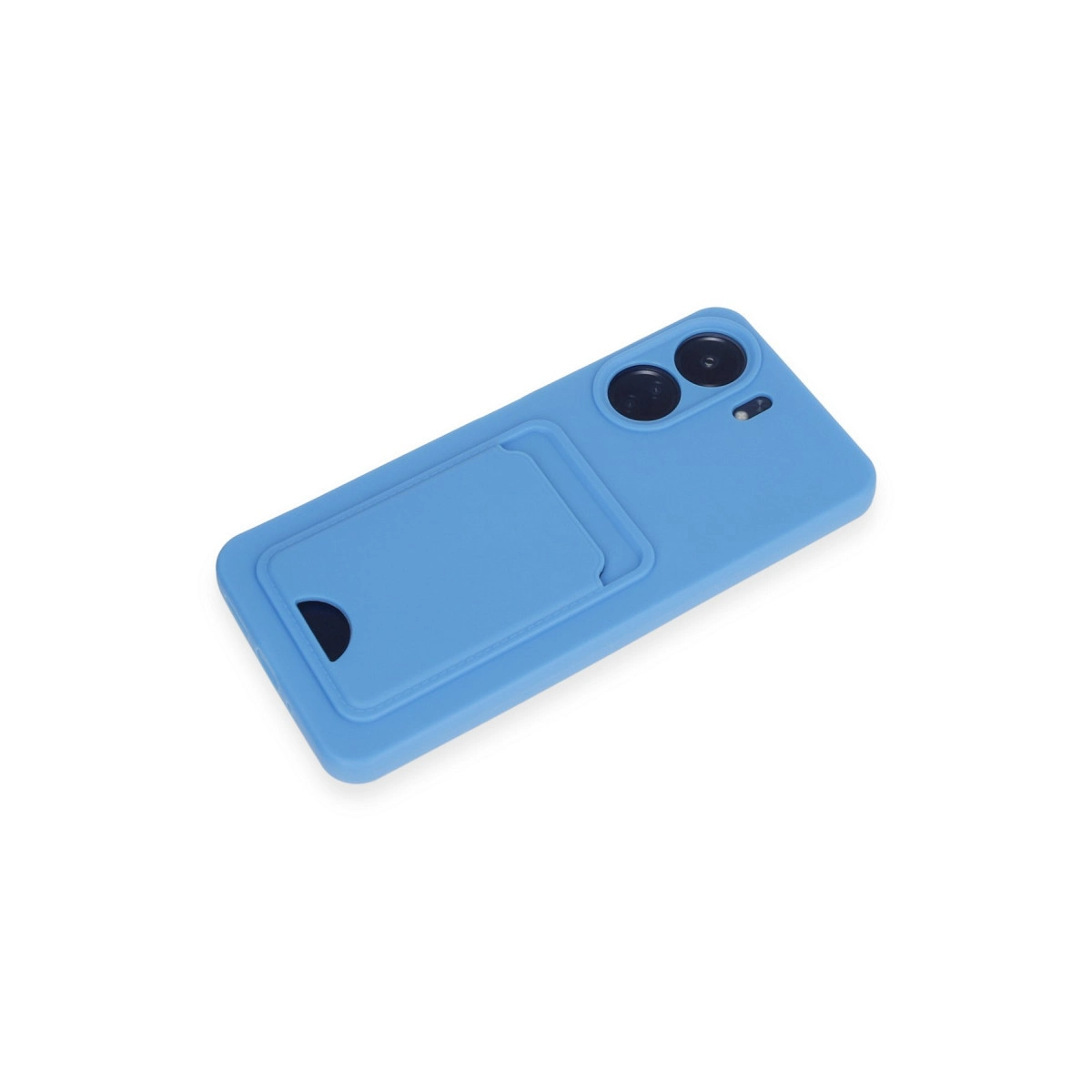 Kart yuvalı ve kamera kesimli mavi telefon kılıfı.