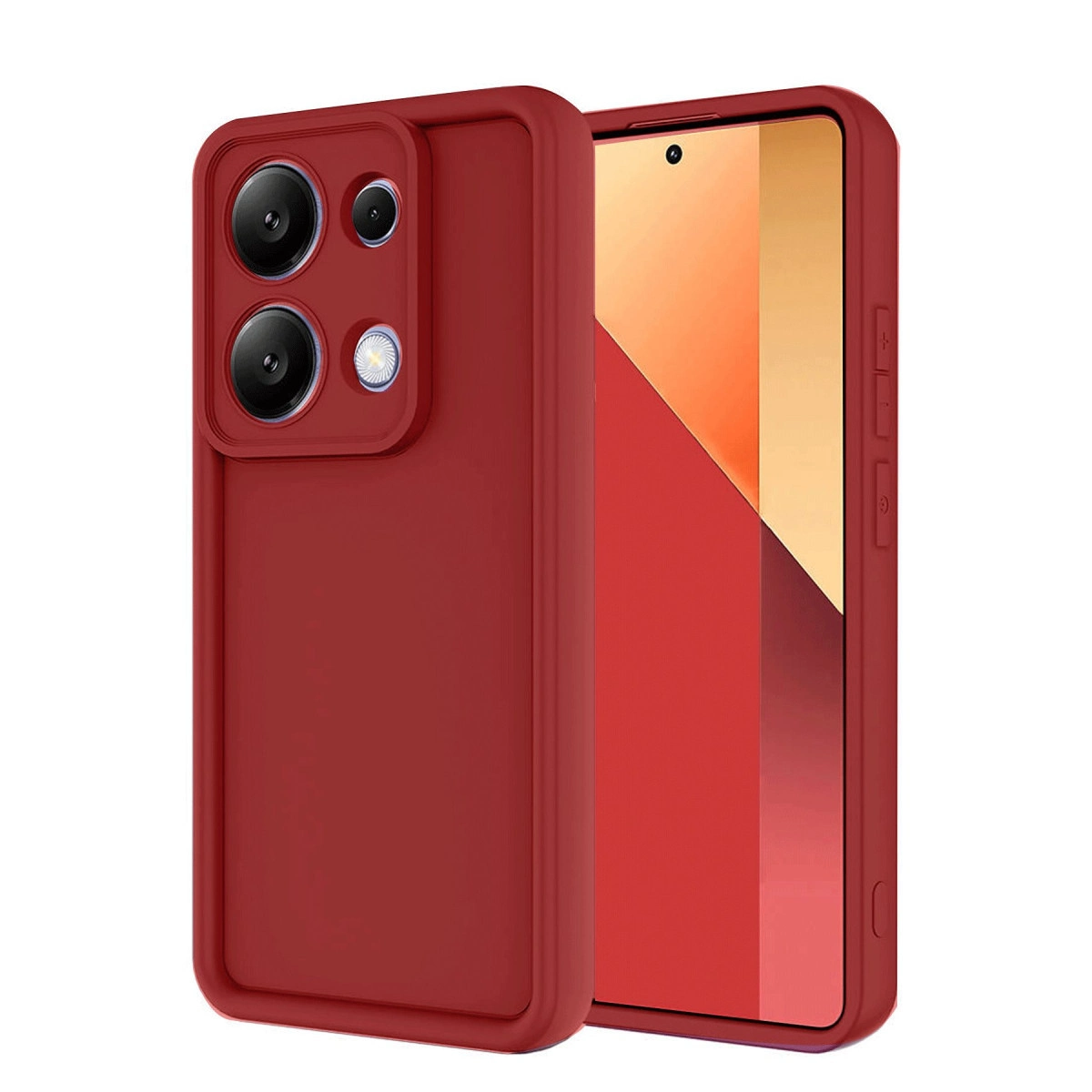 Üç kamera lensi ve flaşlı kırmızı telefon kılıfı. Telefon yanında görünüyor.