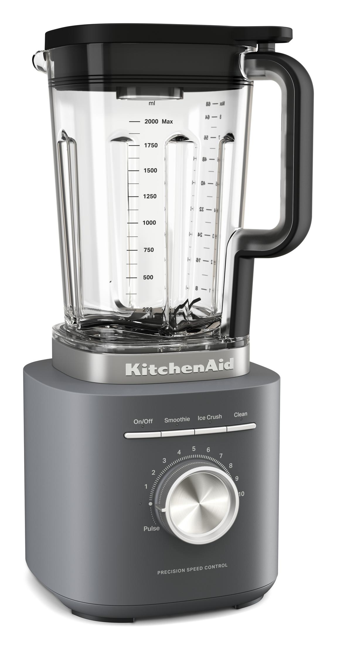 Grauer KitchenAid Mixer mit Glasbehälter und schwarzem Griff.