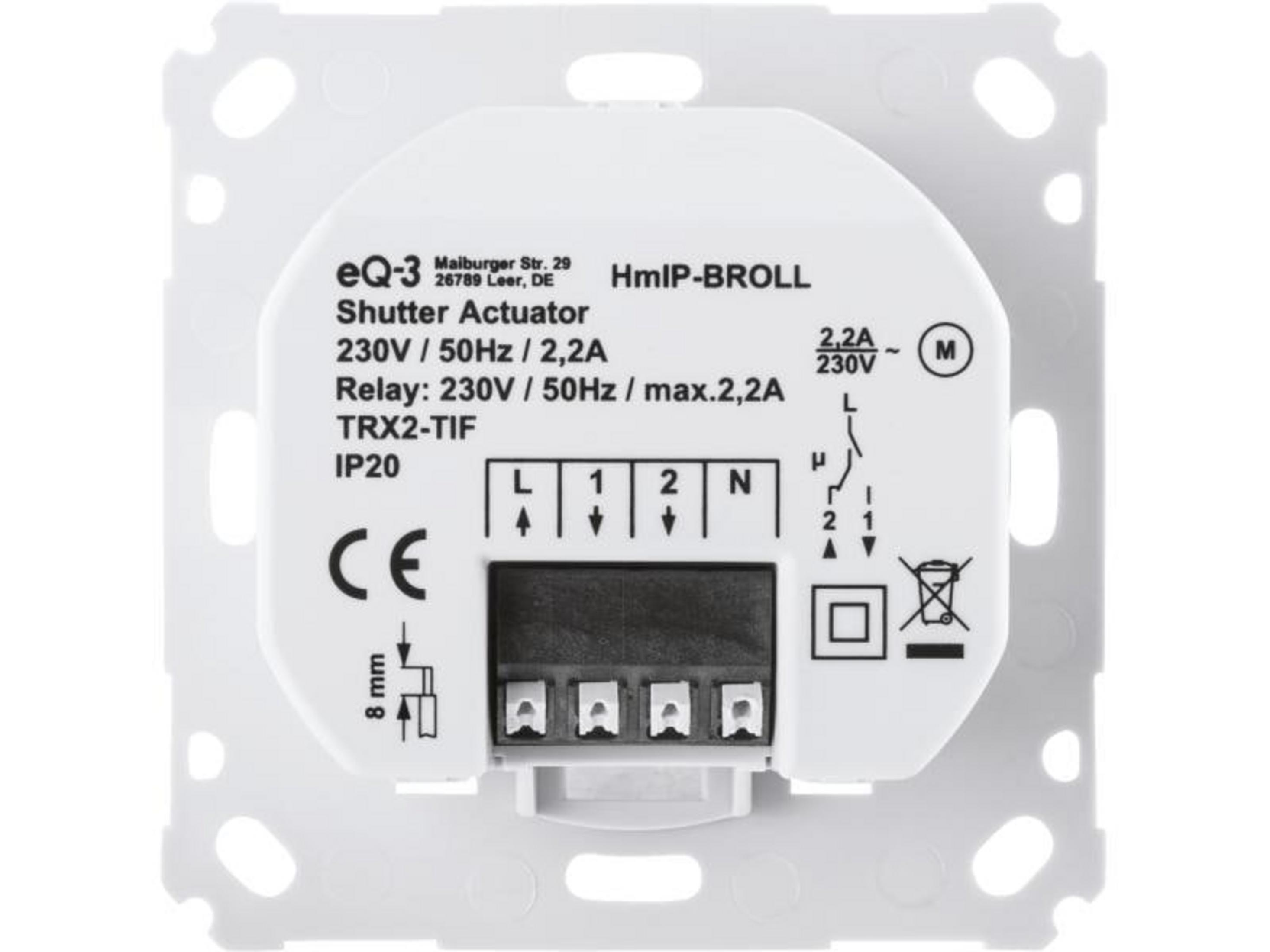 Ein weißer eQ-3 HmIP-BROLL Jalousieaktor mit technischen Details.