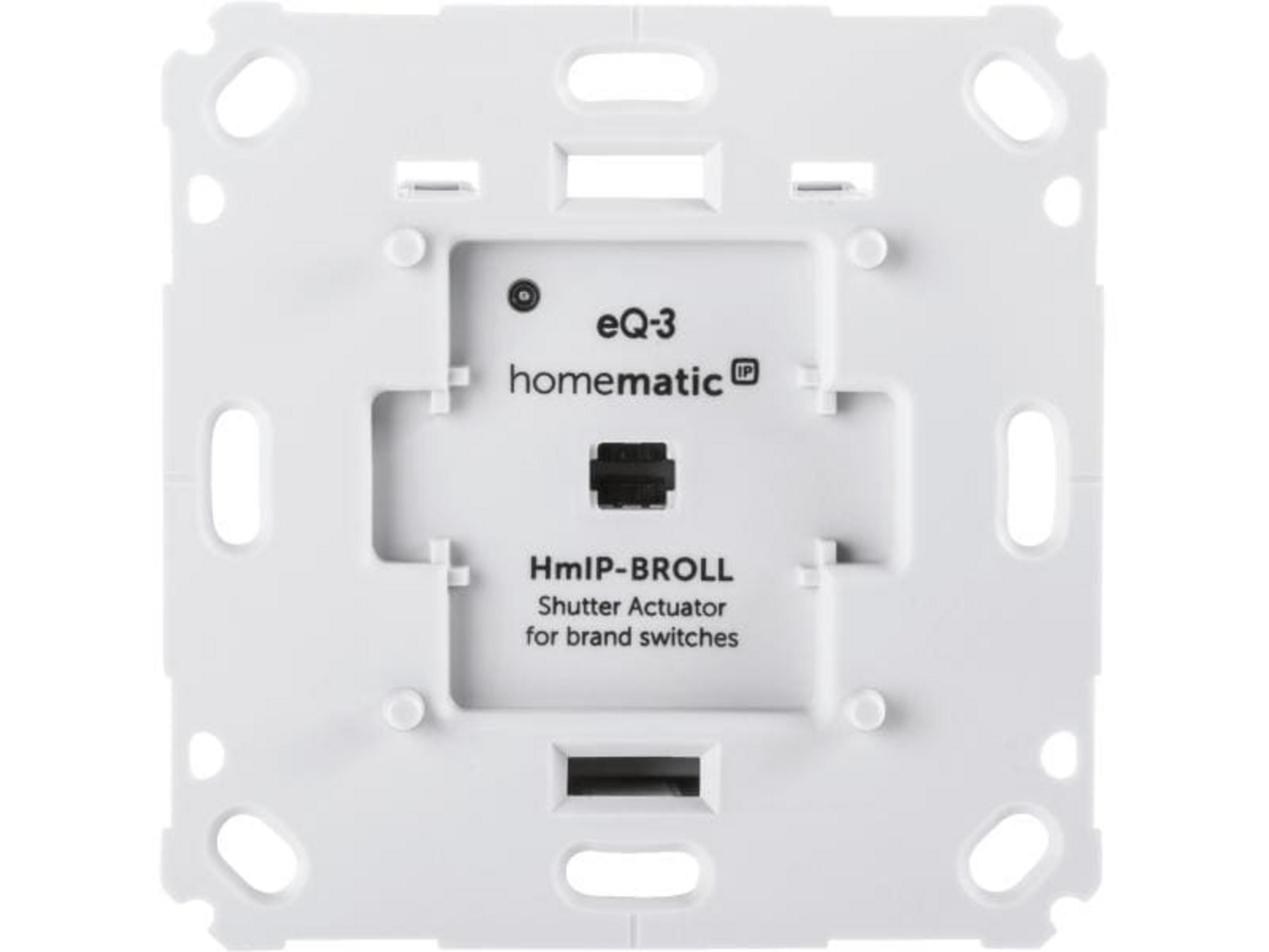 Weiße eQ-3 Homematic Rollladenaktor-Platine mit Anschlüssen und Beschriftung.