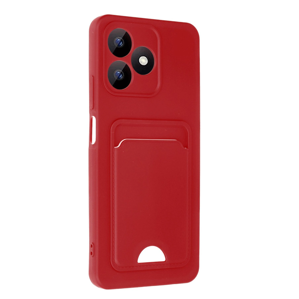 Kart tutuculu ve üç lensli kırmızı telefon kılıfı.