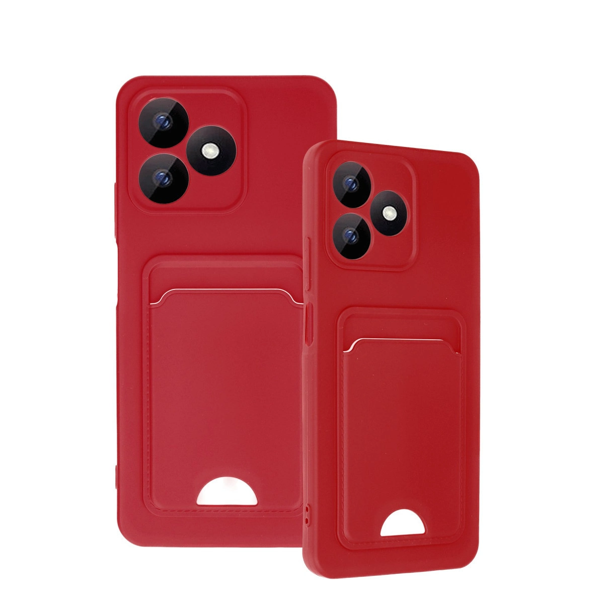 Kart yuvalı ve üçlü kamera kesimli iki kırmızı telefon kılıfı.