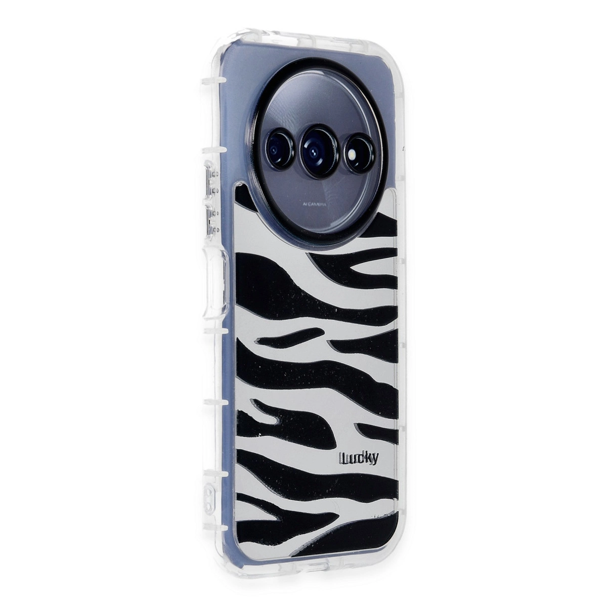 Üç kamera lensli, zebra desenli şeffaf telefon kılıfı.