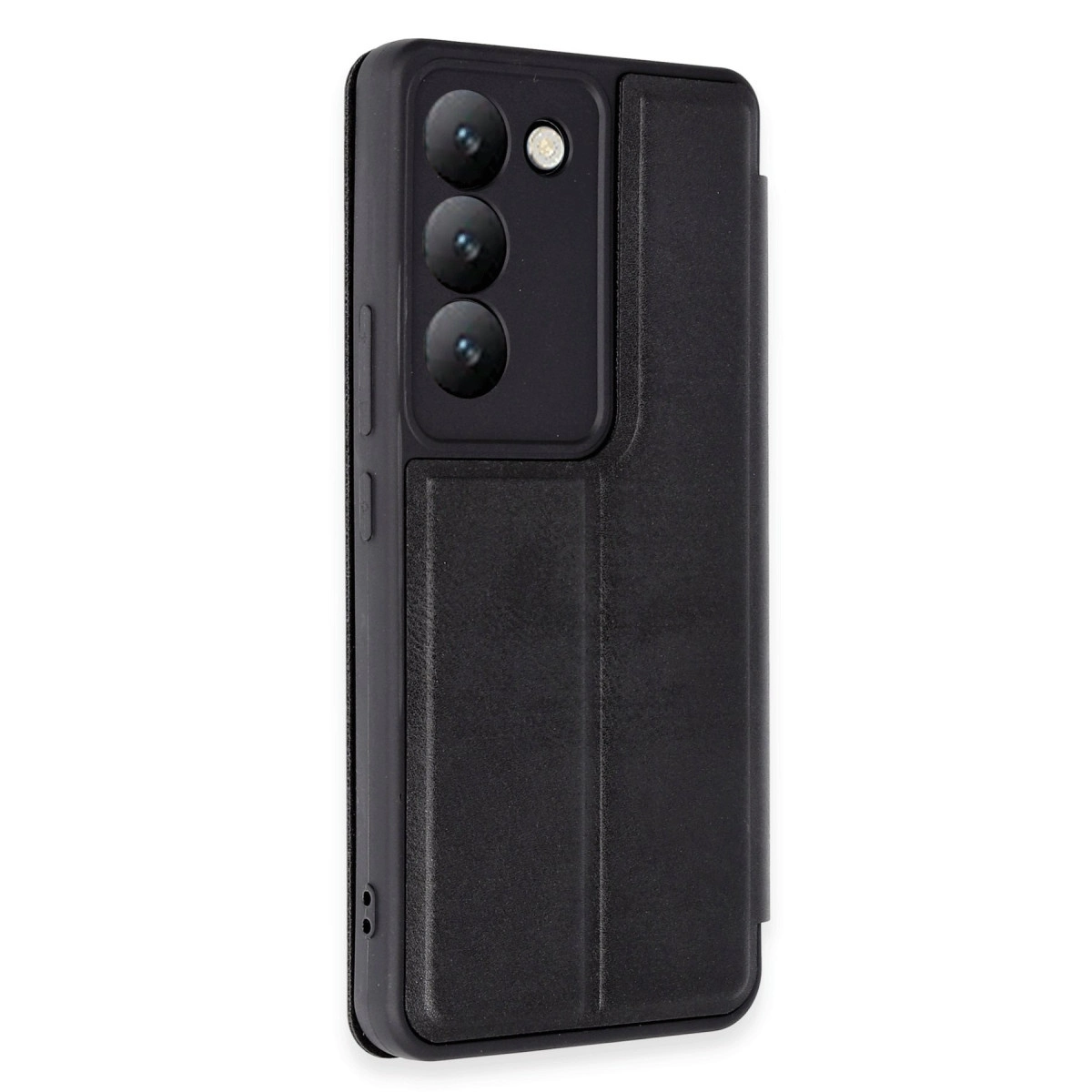 Arkada üç kamera ve flaşlı siyah telefon kılıfı.