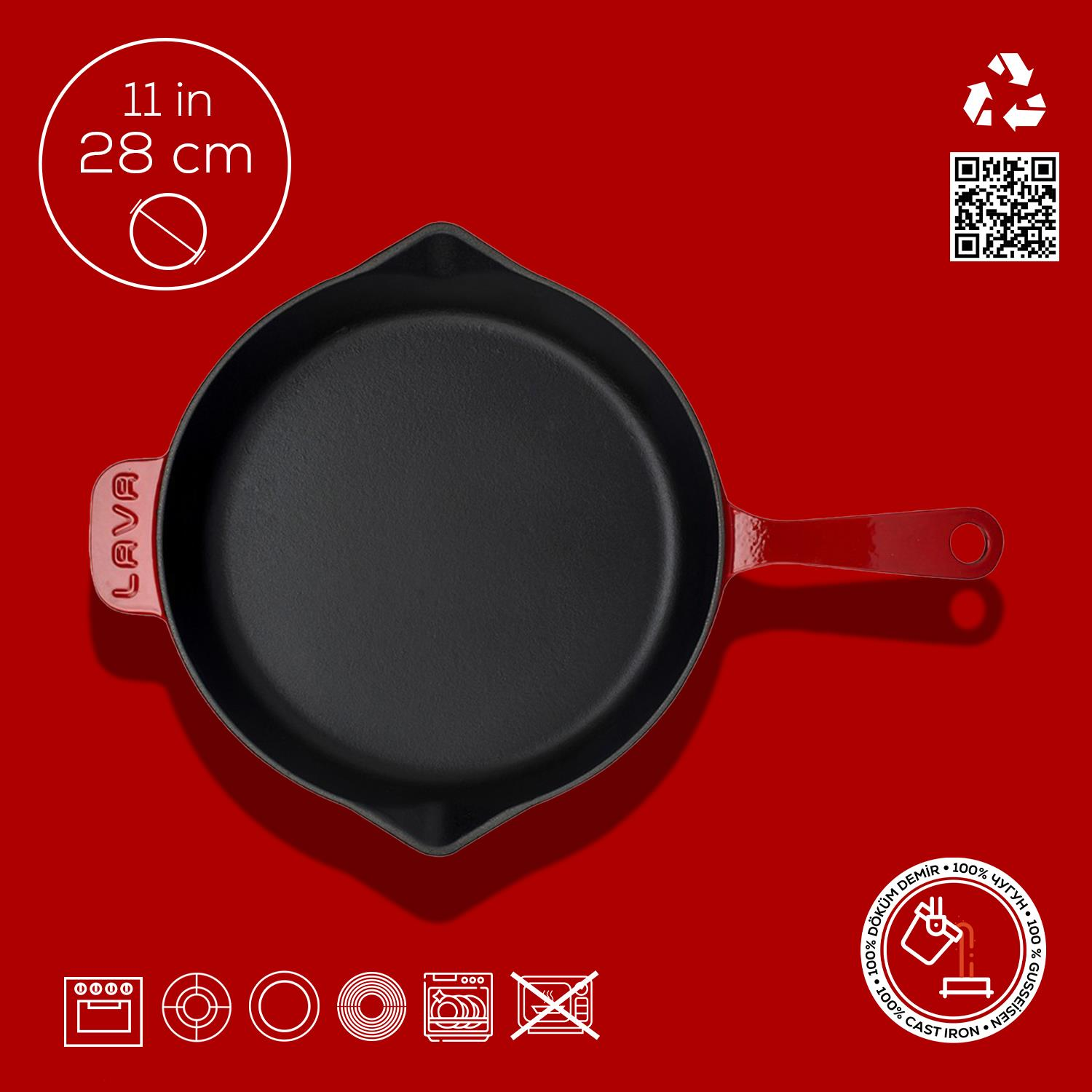 LAVA logolu kırmızı döküm demir tava, 28 cm çapında.