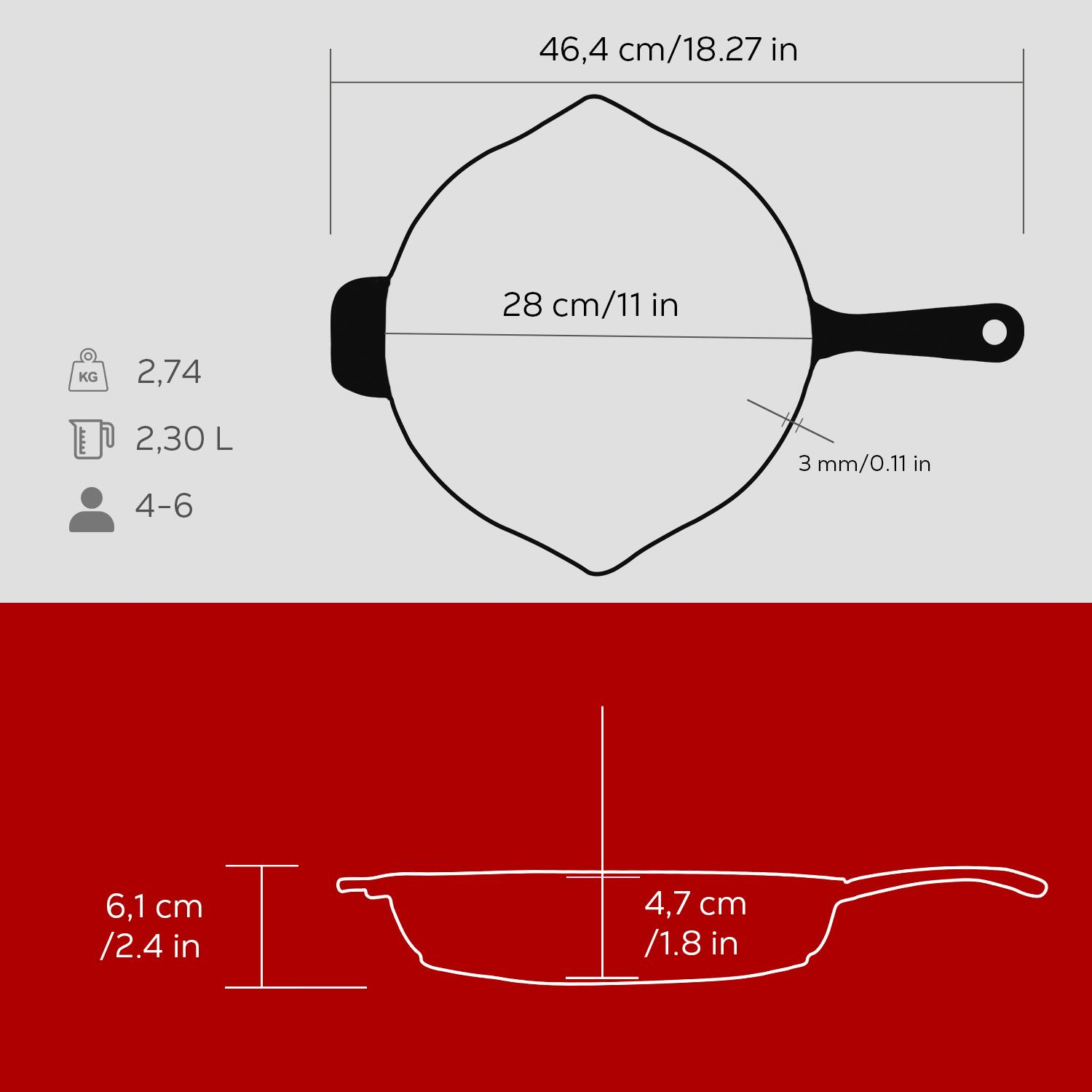 Tava boyutları: 46,4 cm U, 28 cm G, 3 mm kalınlık, 6,1 cm Y, 4,7 cm D.