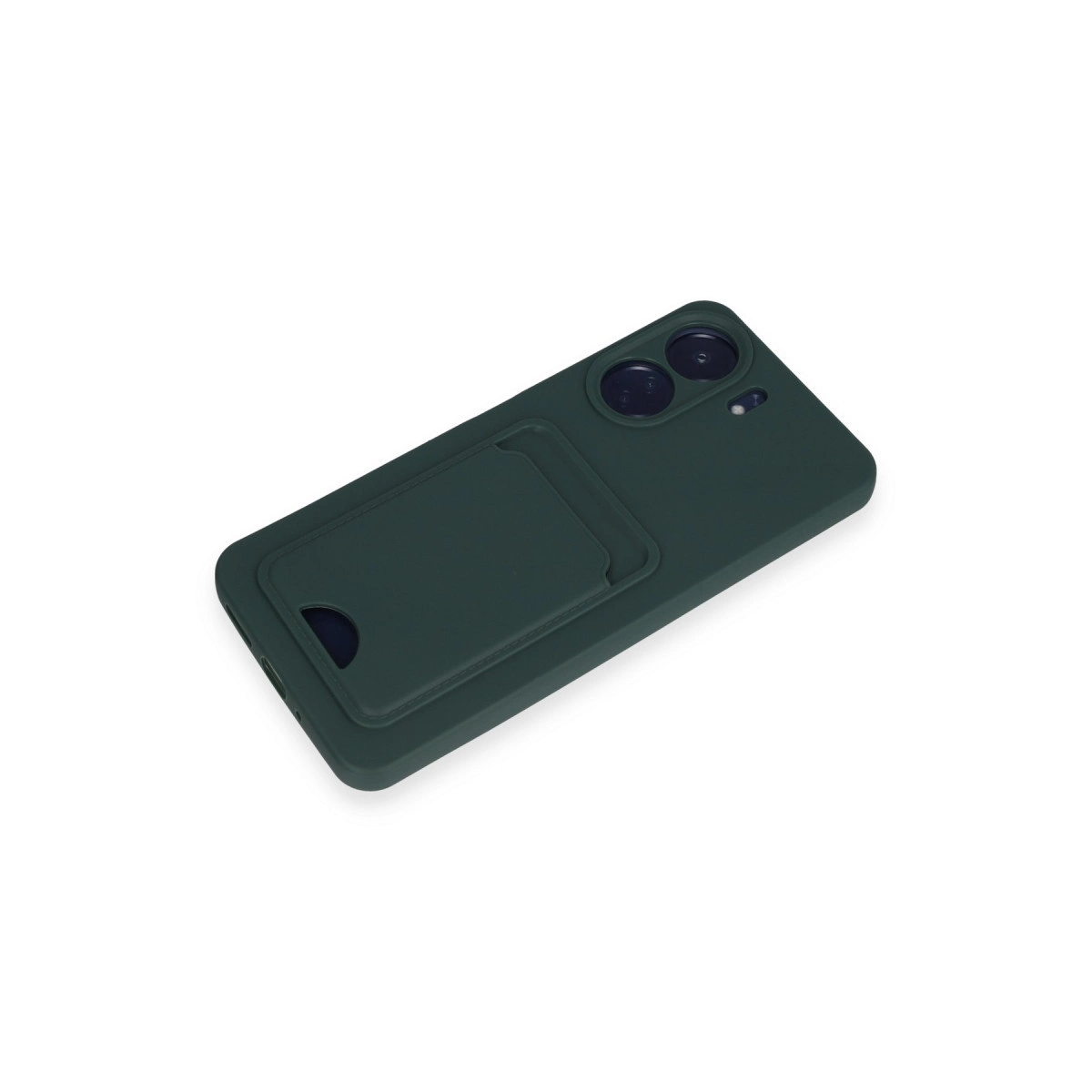 Kart yuvalı ve iki kamera lensli koyu yeşil telefon kılıfı.