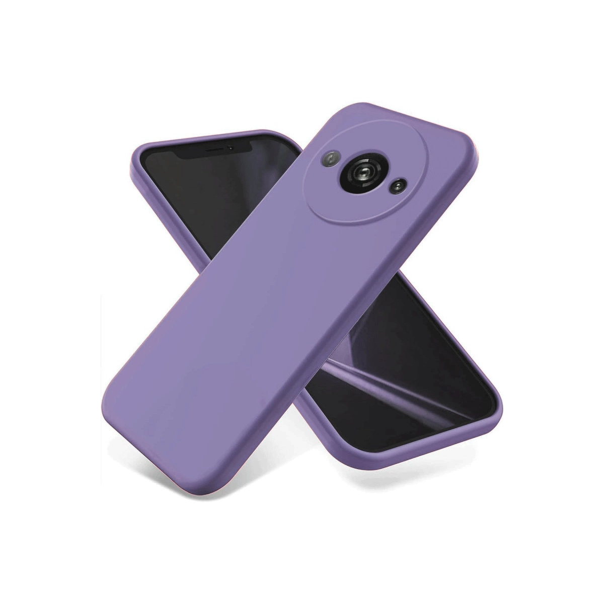 Yuvarlak kamera modüllü mor bir telefon beyaz arka planda gösteriliyor.