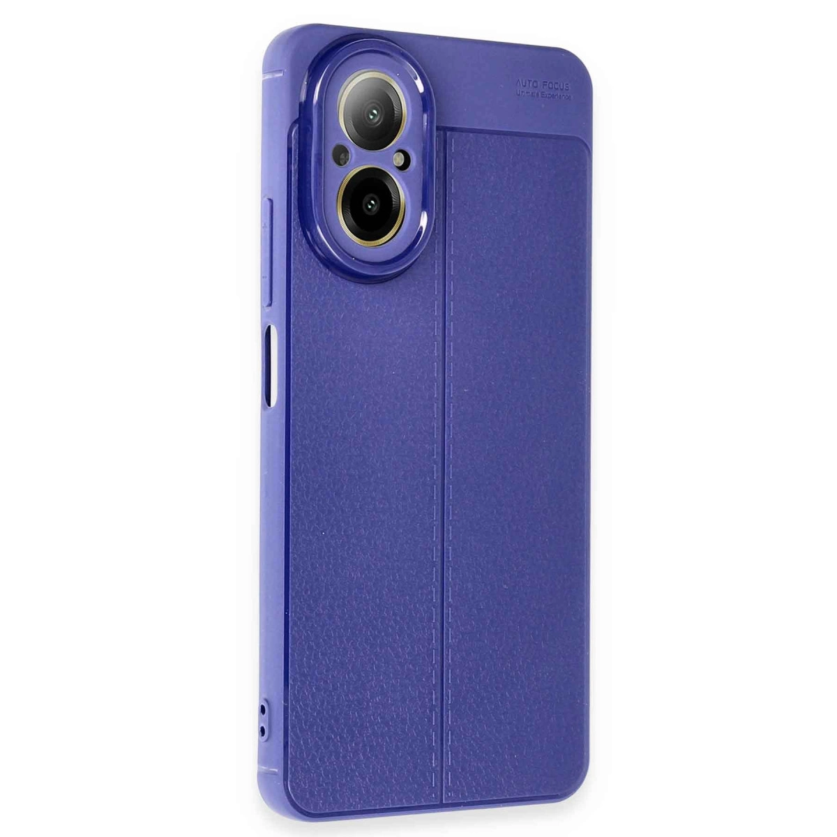 Kabartmalı dokuya sahip mor telefon kılıfı, çift kamera açıklığı.