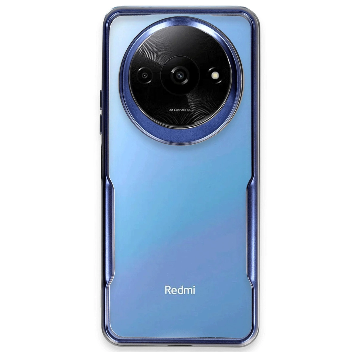 Redmi logolu, yuvarlak kamera modülüne sahip mavi bir akıllı telefon.