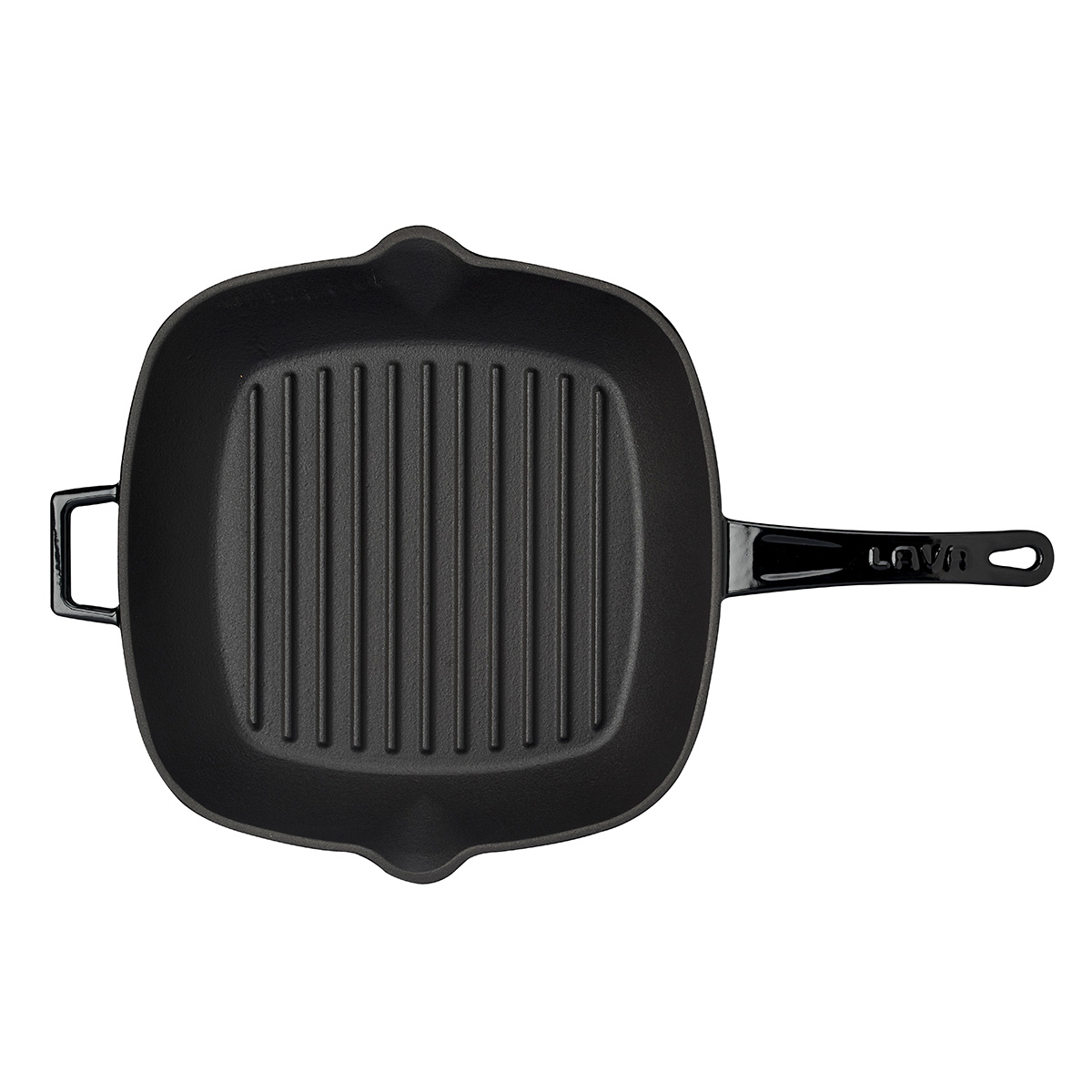 Uzun saplı, nervürlü tabanlı siyah dökme demir ızgara tava.