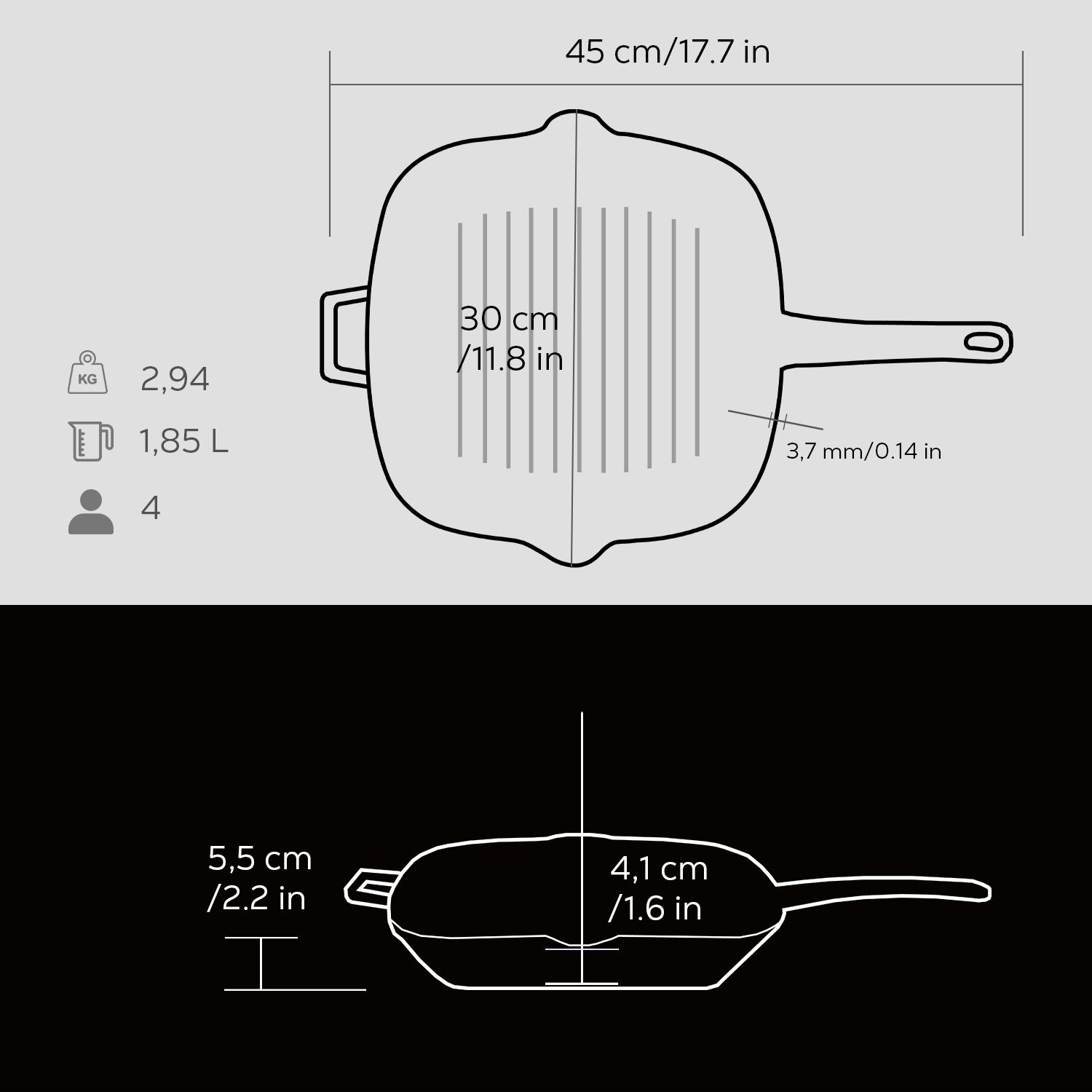 Izgara tava boyutları: 45cm genişlik, 30cm derinlik, 3,7mm kalınlık. Ağırlık 2,94kg, hacim 1,85L.