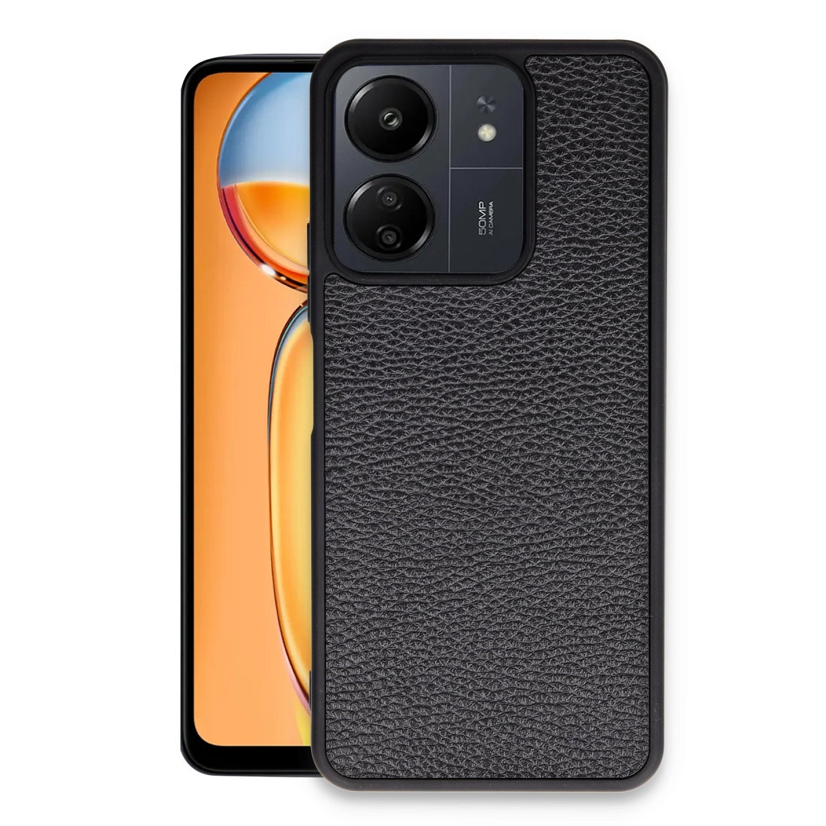 Dokuşlu deri kılıflı ve çift kameralı siyah akıllı telefon.