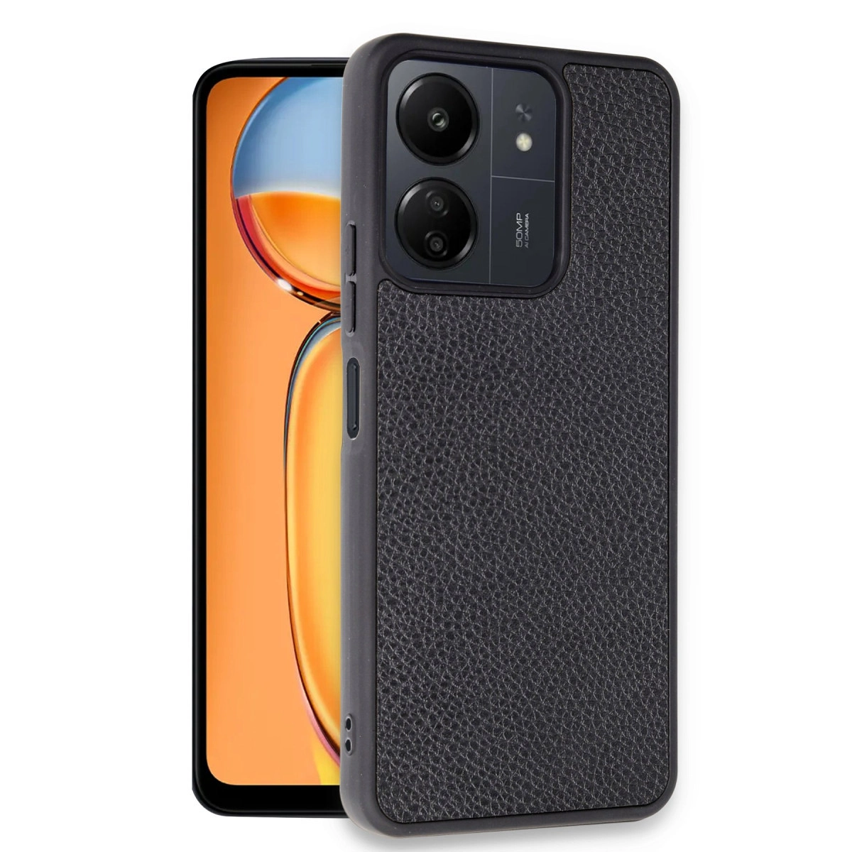 Deri dokulu siyah telefon kılıfı, çift kamera, turuncu arka plan üzerinde.
