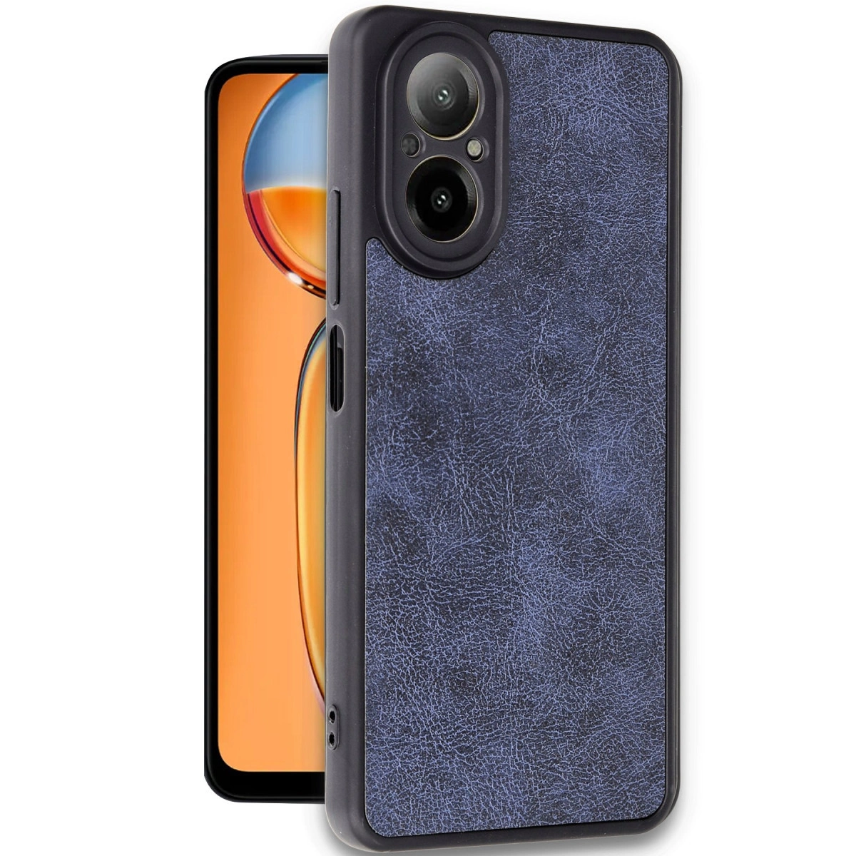 Turuncu ekranlı bir telefonun üzerinde mavi, deri dokulu telefon kılıfı.