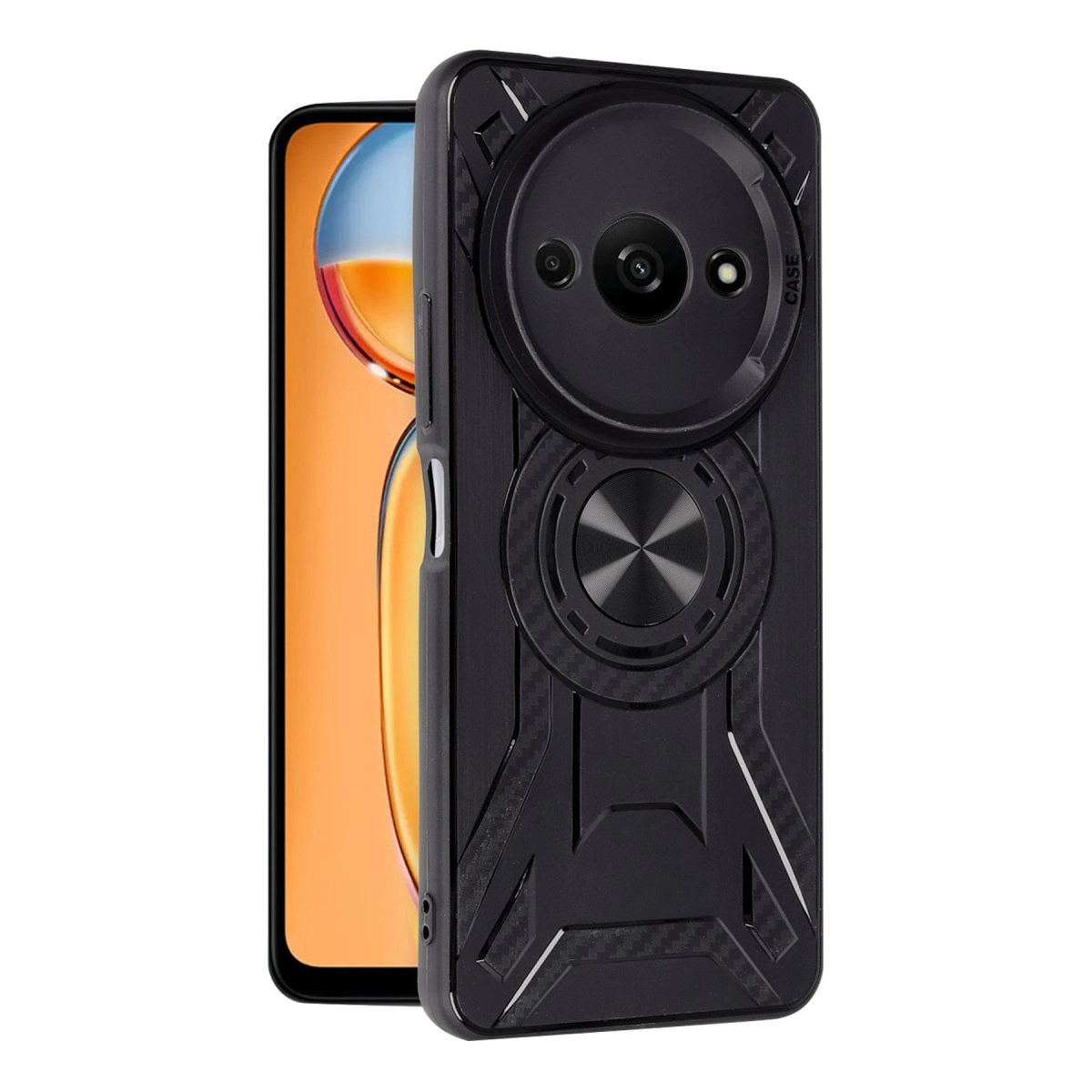 Turuncu bir telefonda dairesel kamera yuvası ve halka stantlı siyah telefon kılıfı.