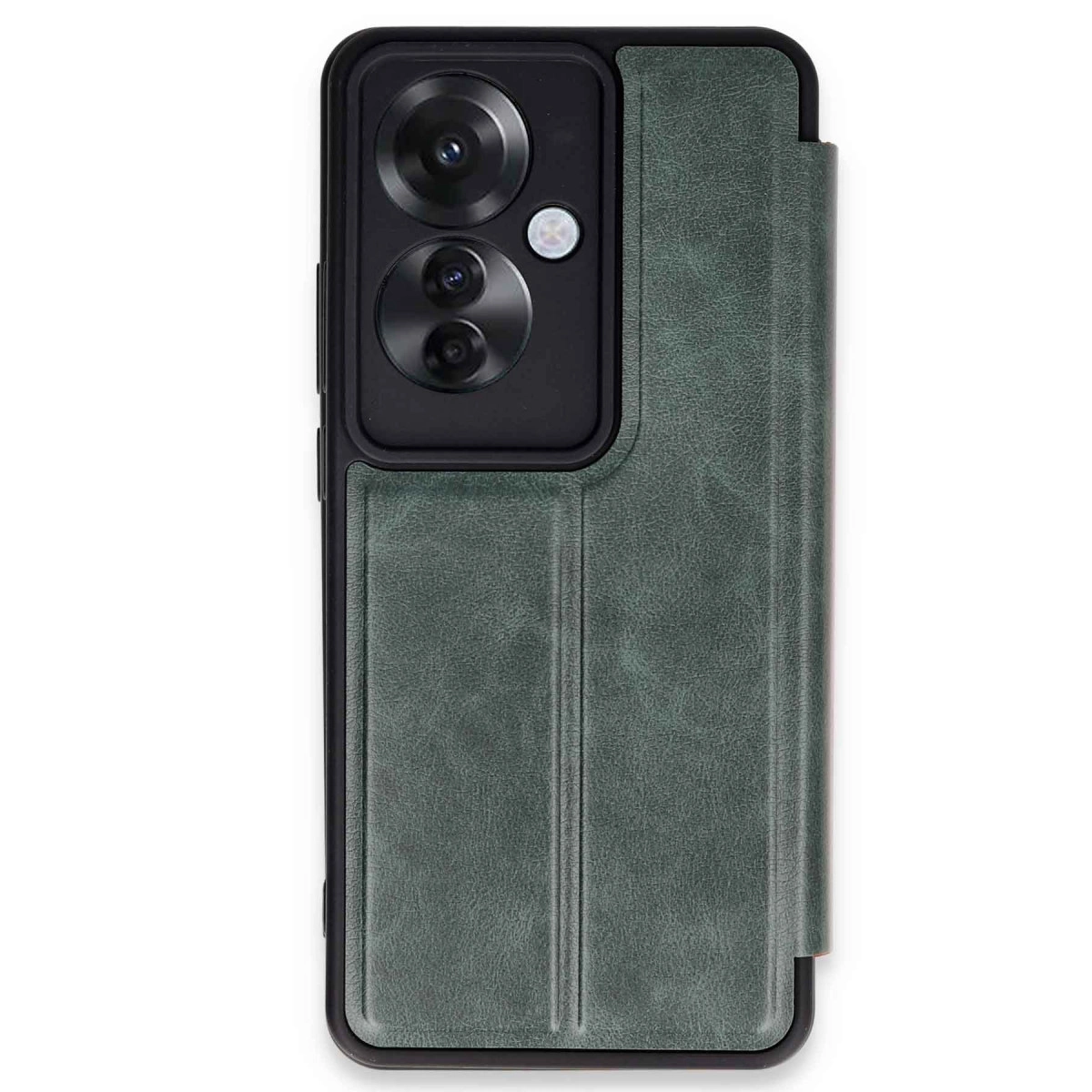 Koyu yeşil telefon kılıfı, kamera kesiği ve deri dokusu.