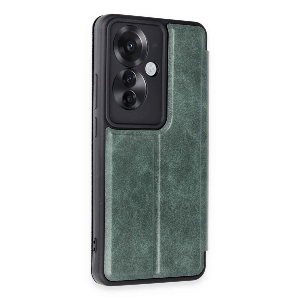 Kameralı ve katlanmış ön kapaklı yeşil telefon kılıfı.