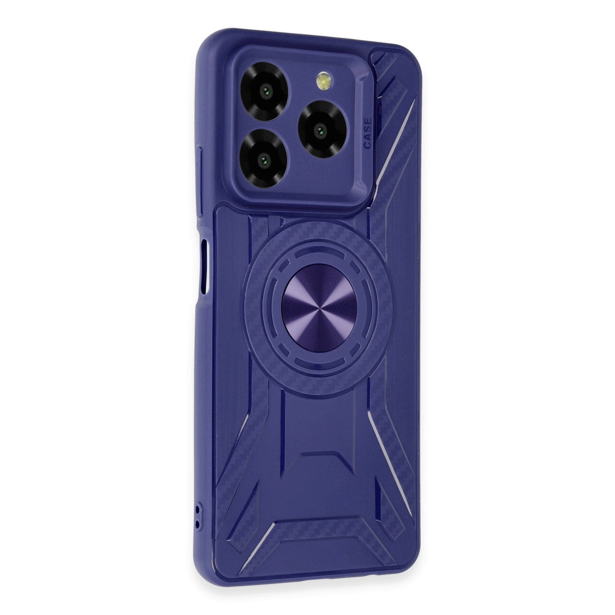 Üç kamera lensli ve halka tutuculu lacivert telefon kılıfı.