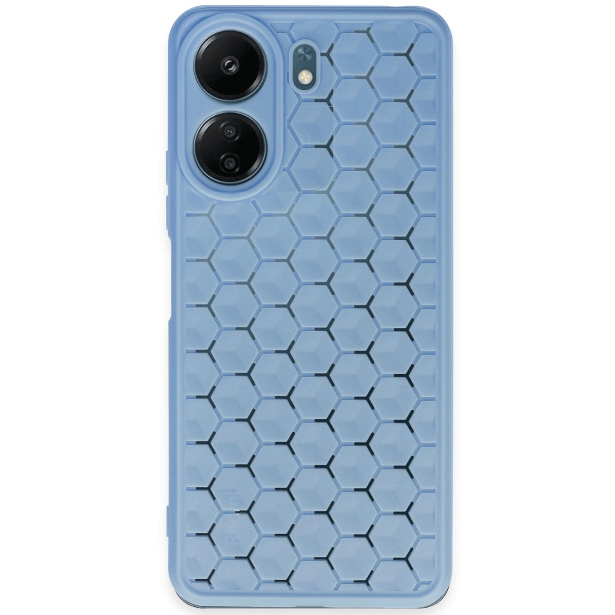 Bal peteği desenli, üstte iki kamera lensli mavi telefon kılıfı.