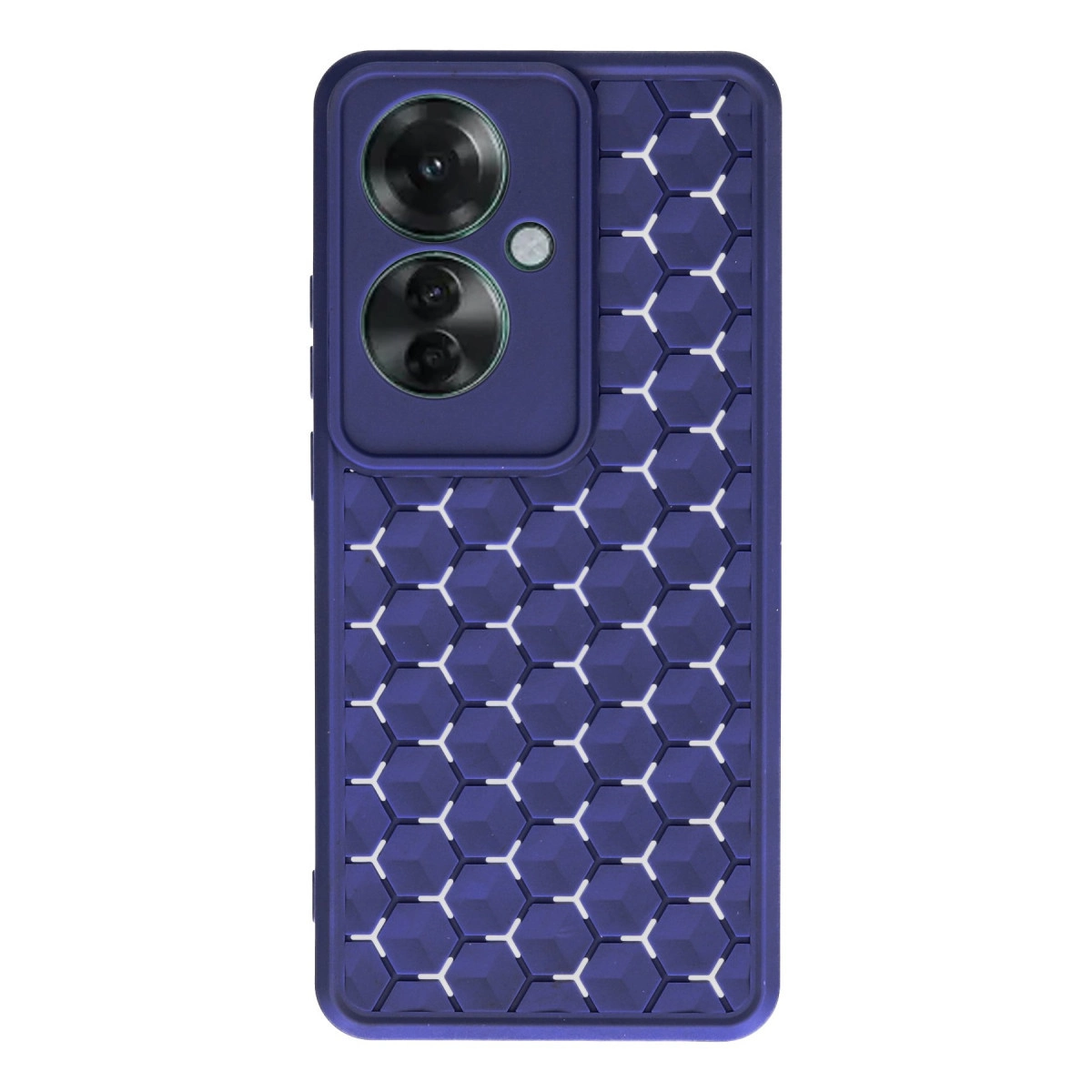 Koyu mor petek desenli ve kamera oyuklu telefon kılıfı.