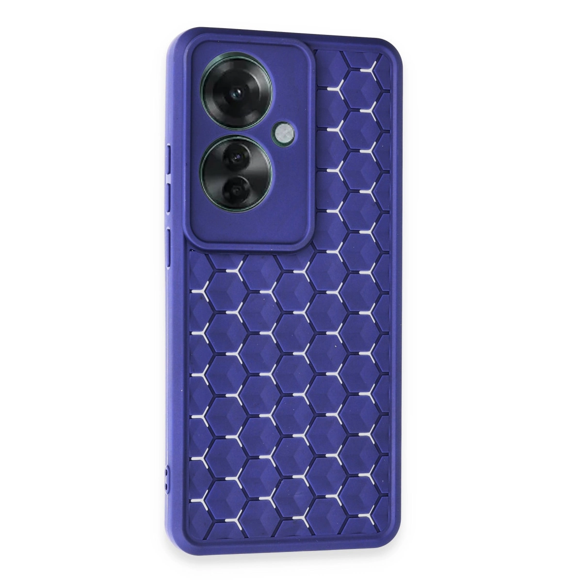 Kamera kapaklı, petek desenli mor telefon kılıfı.